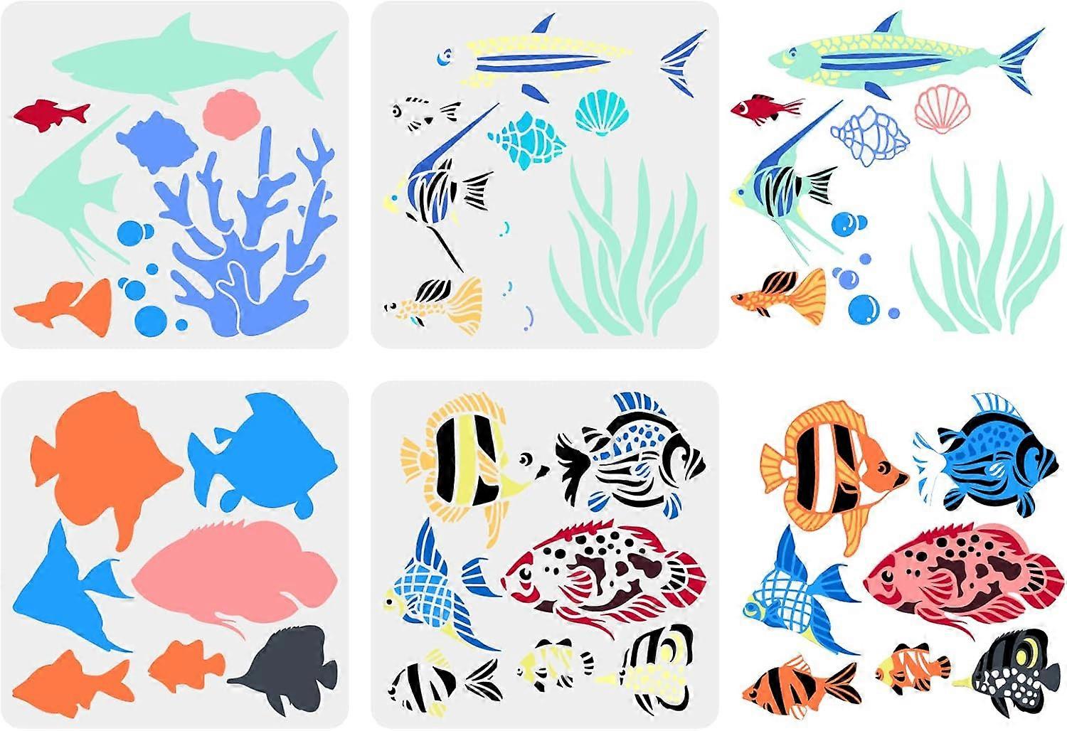 4 Pcs Layered Ocean Fish Stencil 11.8x11.8 inch Sea Ocean Creatures Stencil Template Plastic Coral Fish Conch Shell Pattern Painting Stencil Reusable