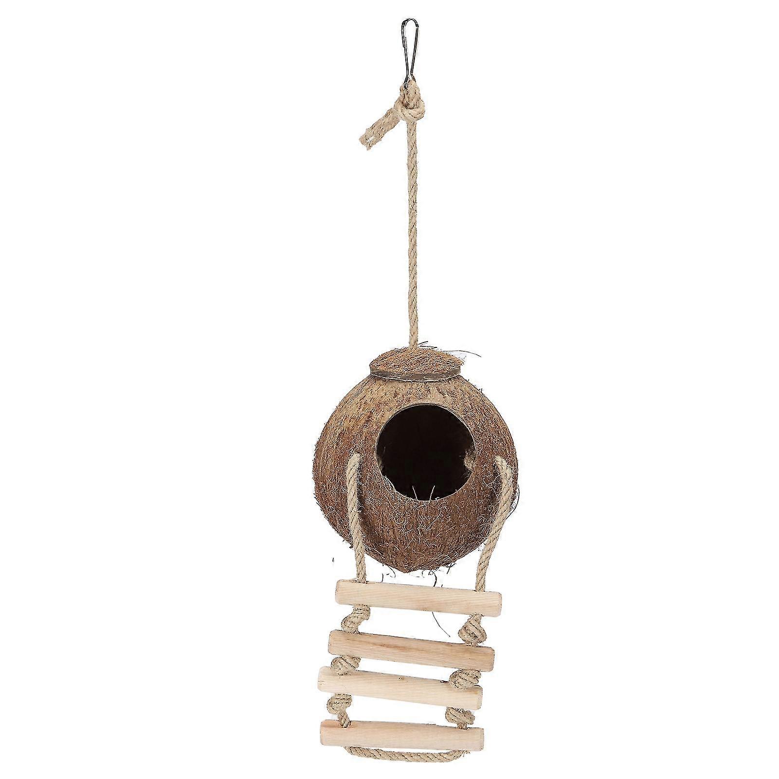 Hanging Natural Coconut House with Ladder for Parrots and Hamsters - Swing Nest Toy
