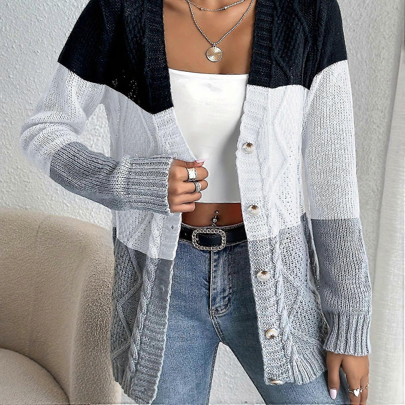 Color Block Button Front Cardigan, Casual Long Sleeve Cardigan For Spring & Fall, Women's Clothing_s