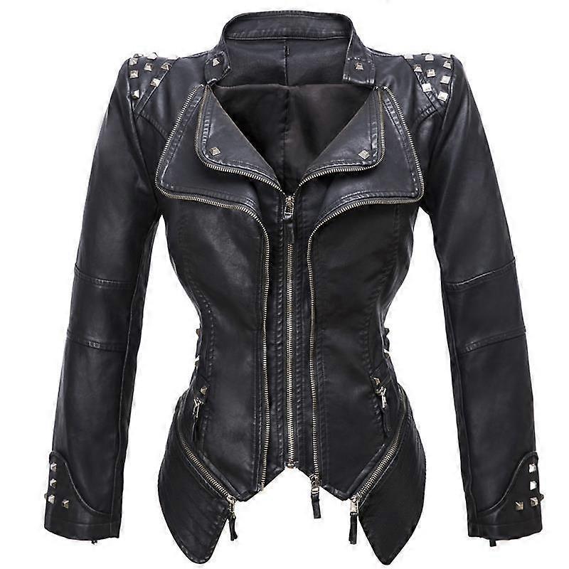 Swallowtail Slim Waist PU Versatile Jacket Motorcycle Suit Multicolor Rivet Leather Jacket