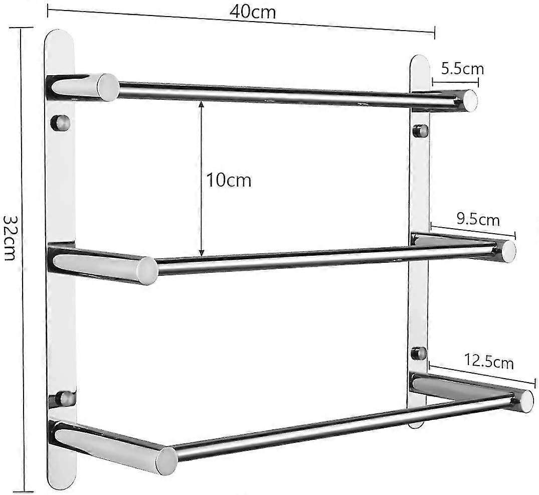 タオルホルダー、304ステンレススチールタオルレールシェルフ3ロッド、40 cm壁掛けバスルームトウ