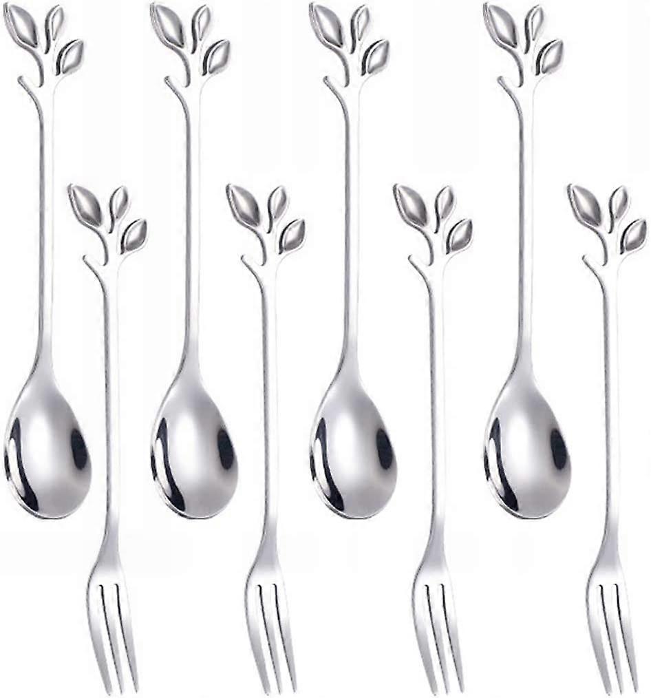 8 Pcs 4.7"Small Leaf Handle Coffee Spoons & Forks (Silver,4+4)
