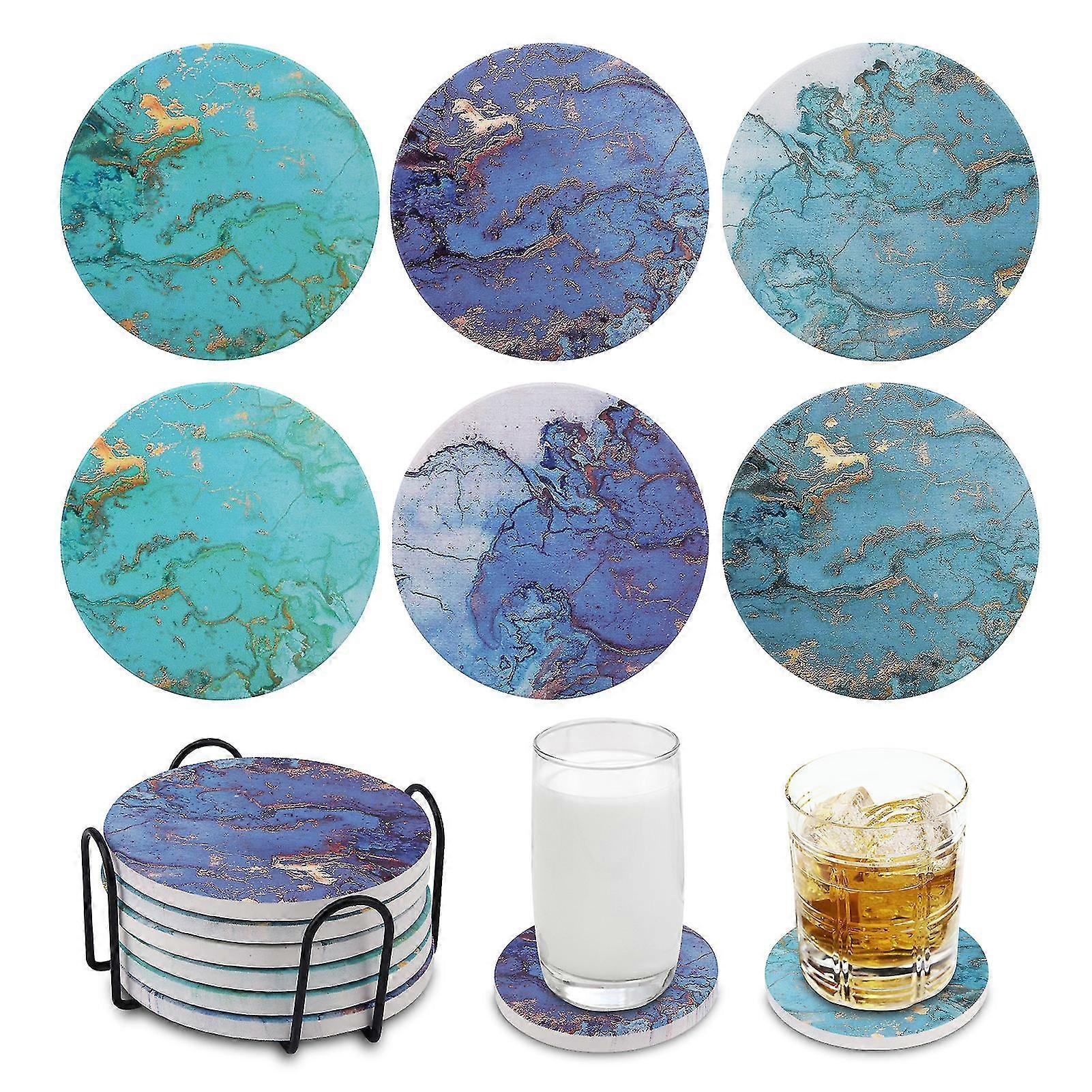 7pcs Marble Style Water Absorbent With Storage Holder Drink Coaster