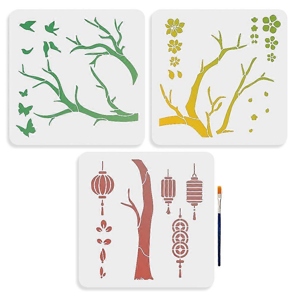 1 Set Chinese Style PET Hollow Out Drawing Painting Stencils for DIY Scrapbook Photo Album with 1Pc Art Paint Brushes Tree 300x300mm 3pcs/set
