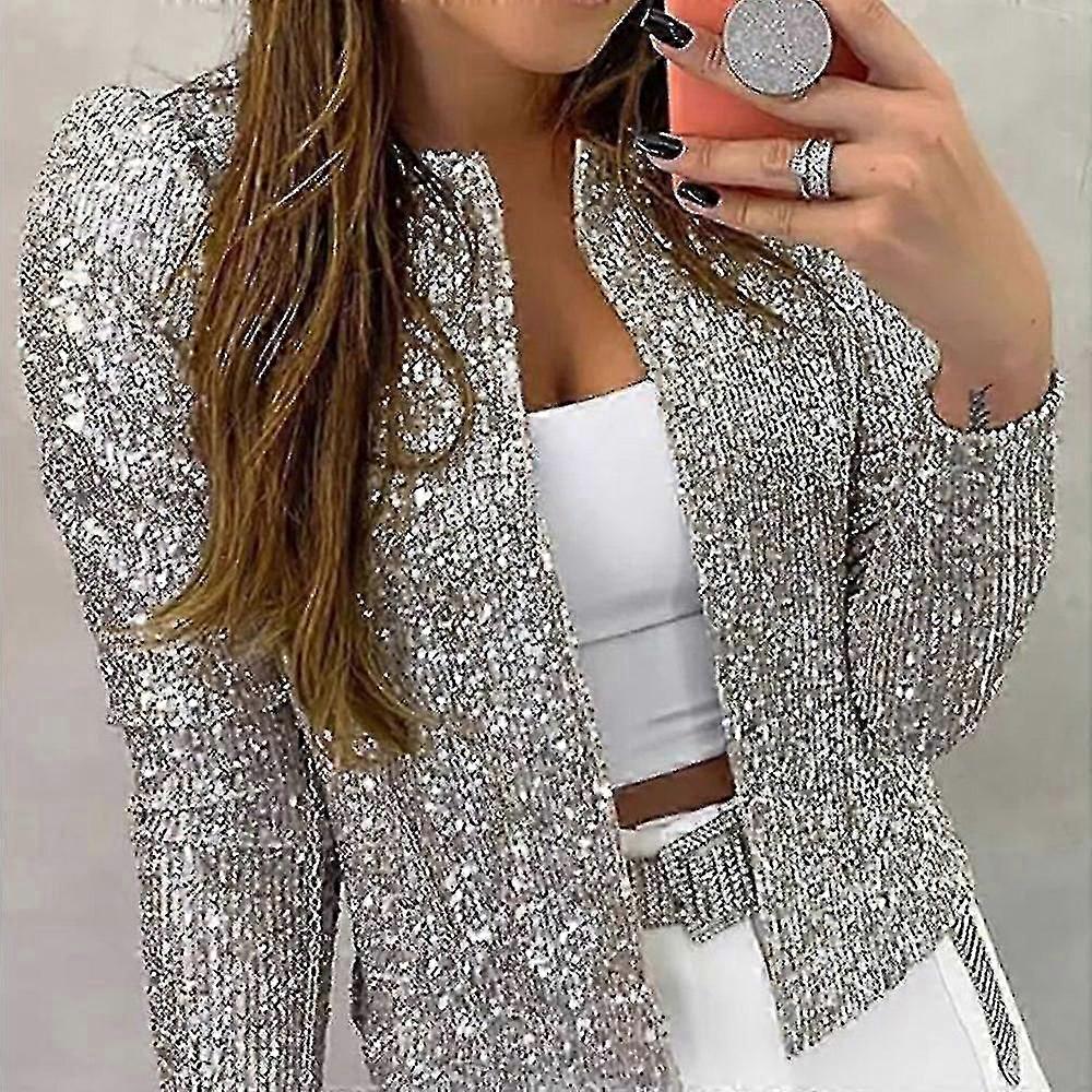 Women's Cardigan Long Sleeve Shiny Sequin Coat Open Front Casual Female Jacket - WK