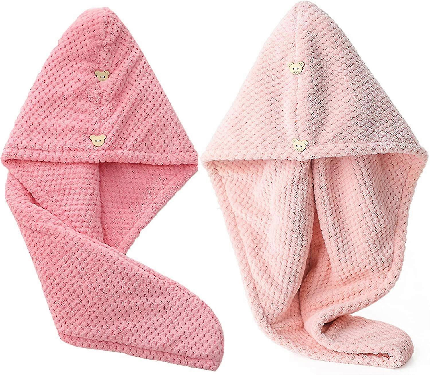 Hair Drying Towel, 2 - Pack, Soft and Absorbent Microfiber Material with Cute Bear - Shaped Buttons, Ideal for Quick Drying After Showering
