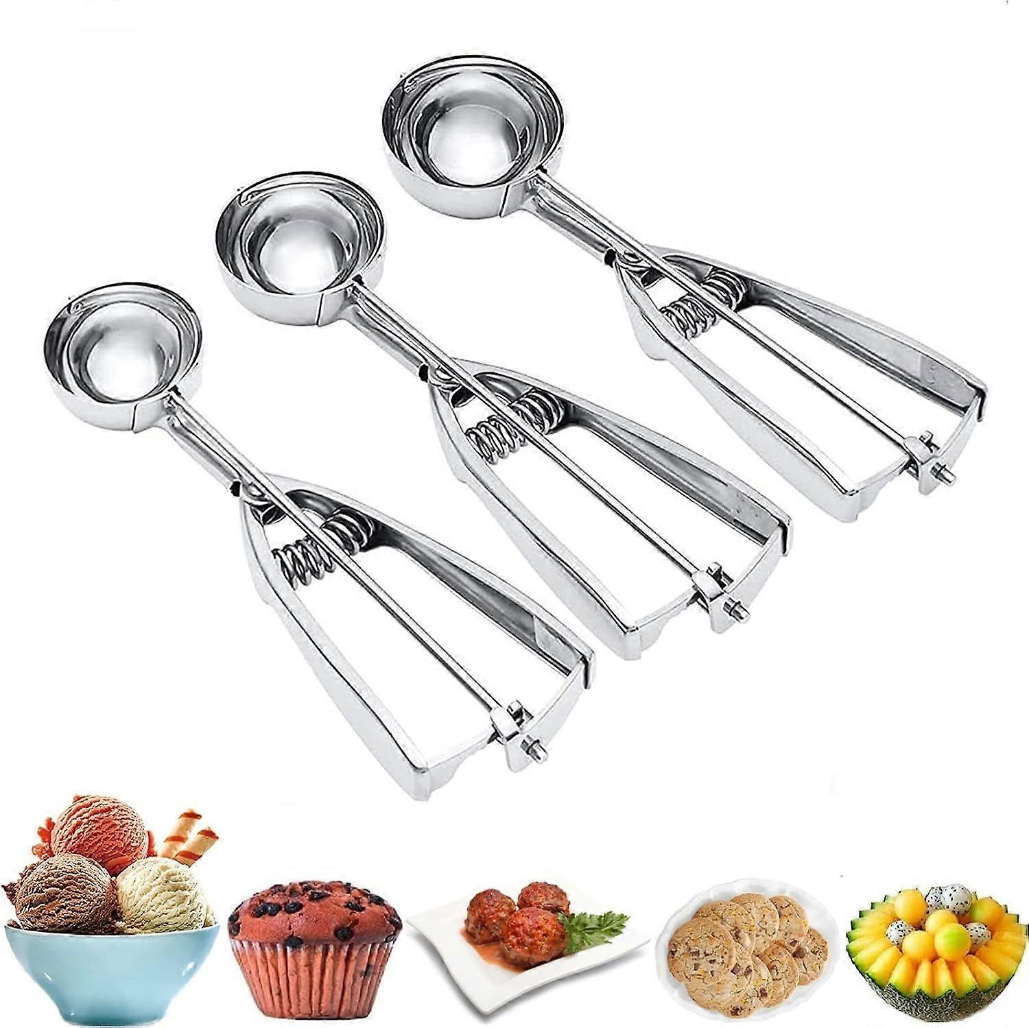 Ice Cream Scoop, 3Pcs Cookie Scoop Set, Stainless Steel Ice Cream Scooper with Trigger Release, Large/Medium/Small Cookie Scooper for Baking
