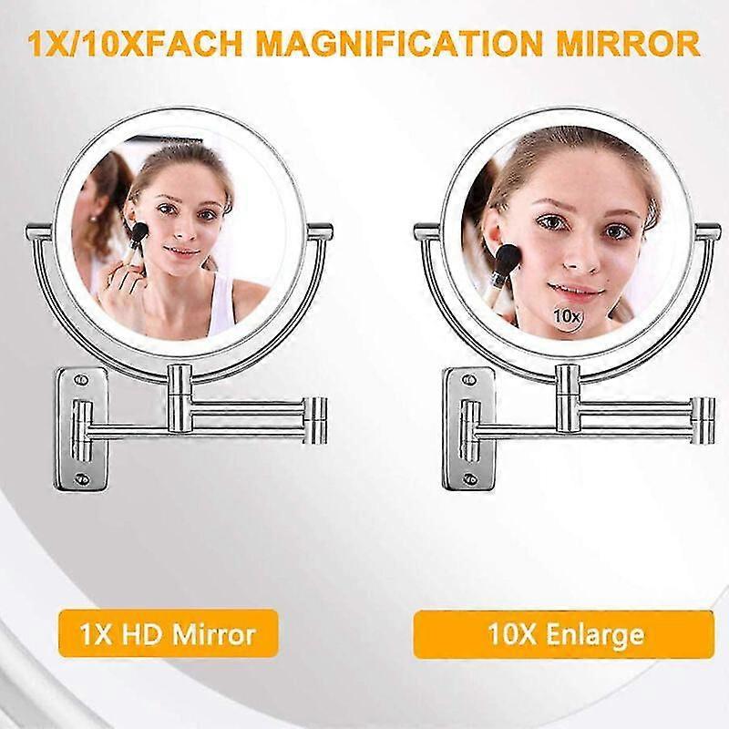 Wall Mounted Makeup Mirror, 10X Double Sided LED Magnifying Mirror, 360 Swivel Extendable Cosmetic Vanity Mirror, Battery Powered (Not Included), Chr