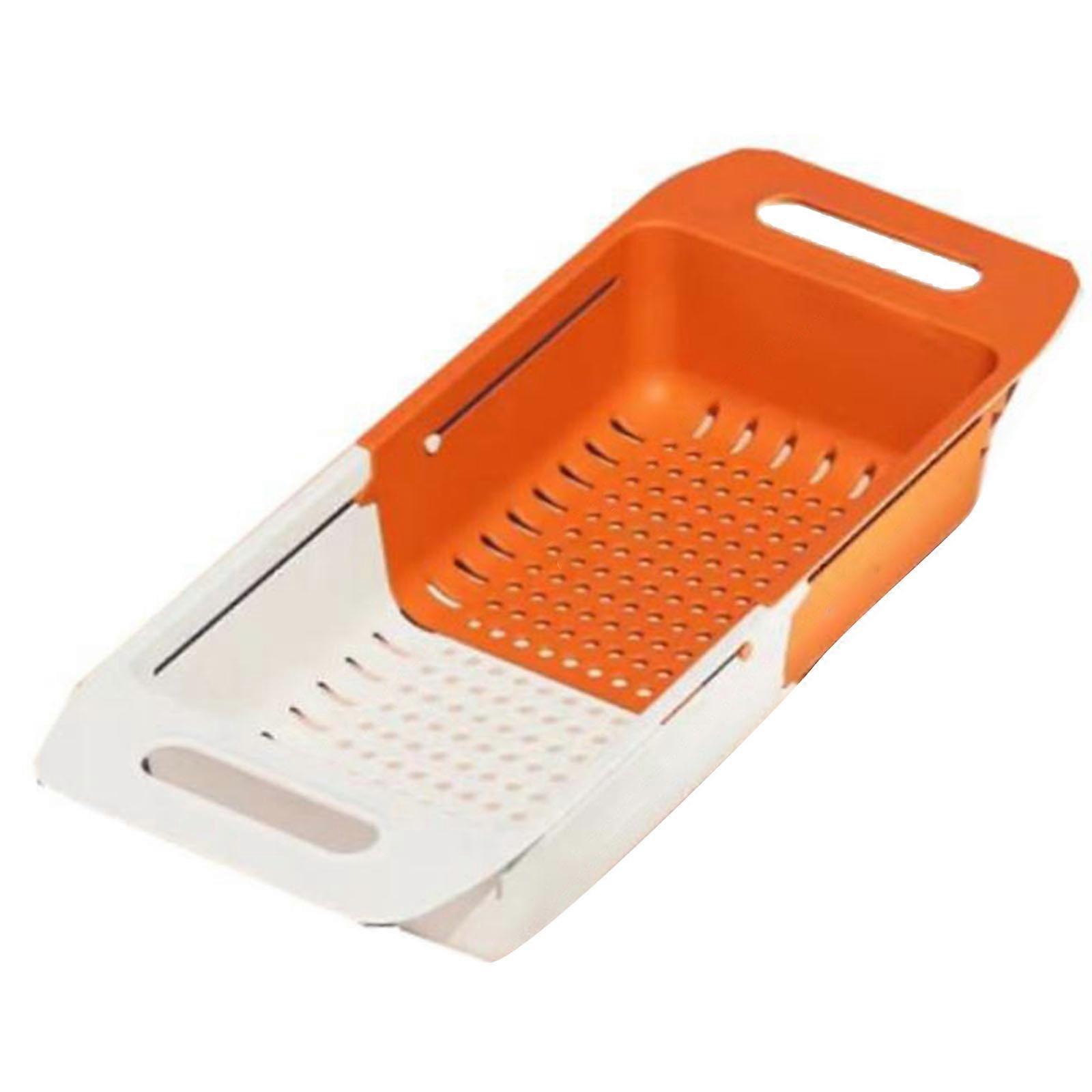 Space Saving Plastic Sink Shelf Fruit and Vegetable Colander Telescopic Strainer Basket for Convenient Over The Sink Use Orange and white