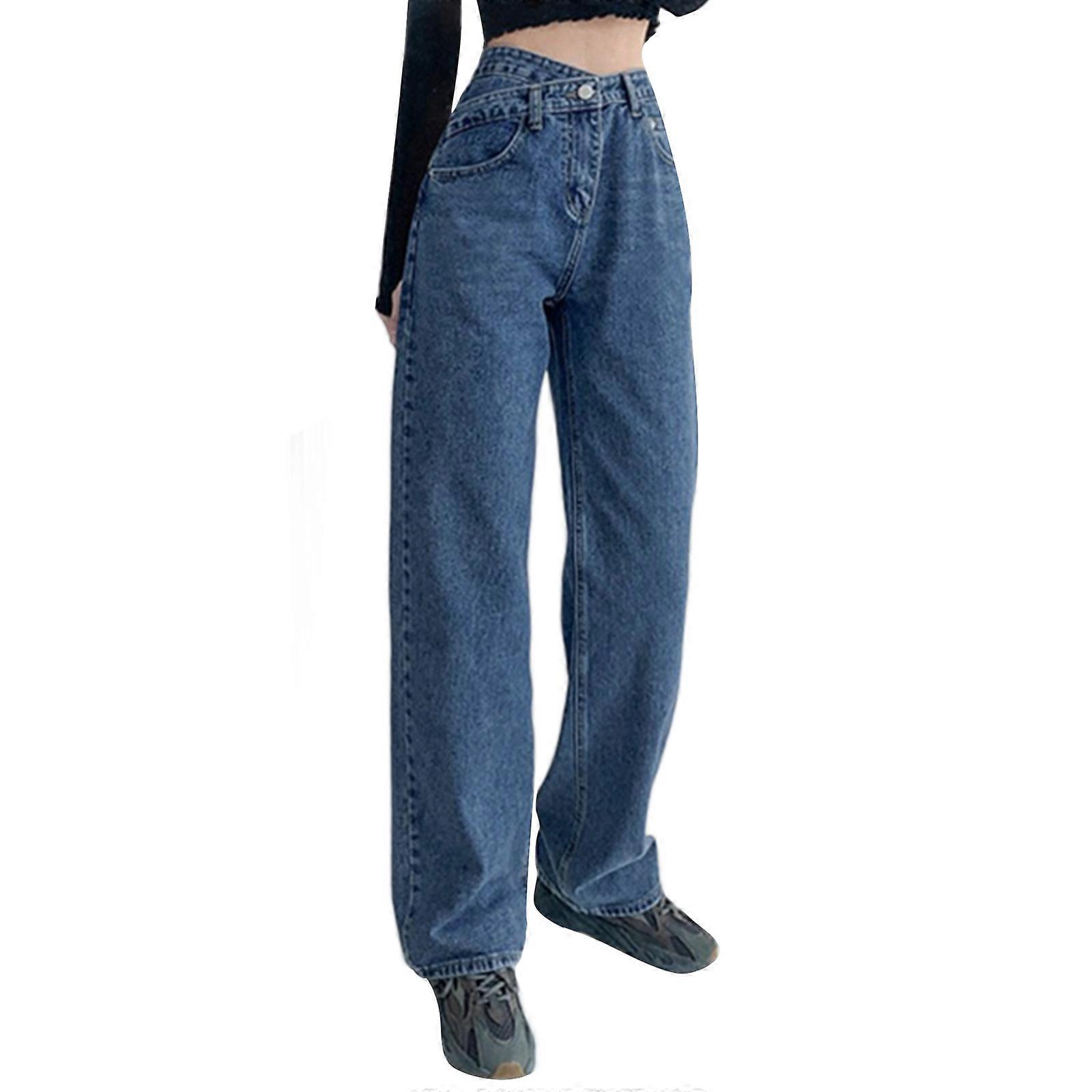 Kadın Geniş Bacak Kot Elastik İnce Yüksek Bel Düz Bacak Kot Gevşek Rahat Moda İş İşe Gidip Gelmek Geniş Bacak Pantolon retro mavi XL