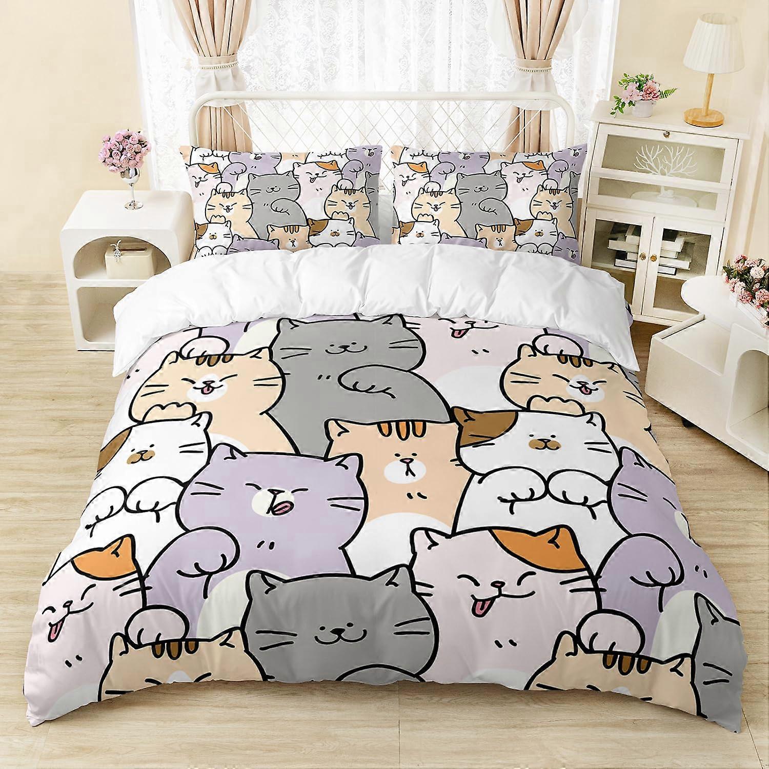 3 Piece Duvet Cover Set Cute Cartoon Cat Pattern for ' Room Queen Size