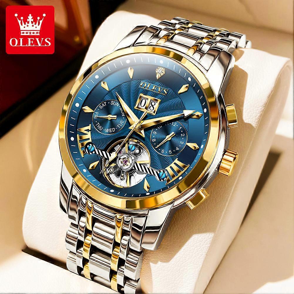 OLEVS Mens Watch Classic Hollow Out Automatic Mechanical Watch Original Movement Waterproof Luminous Calendar Year Moon