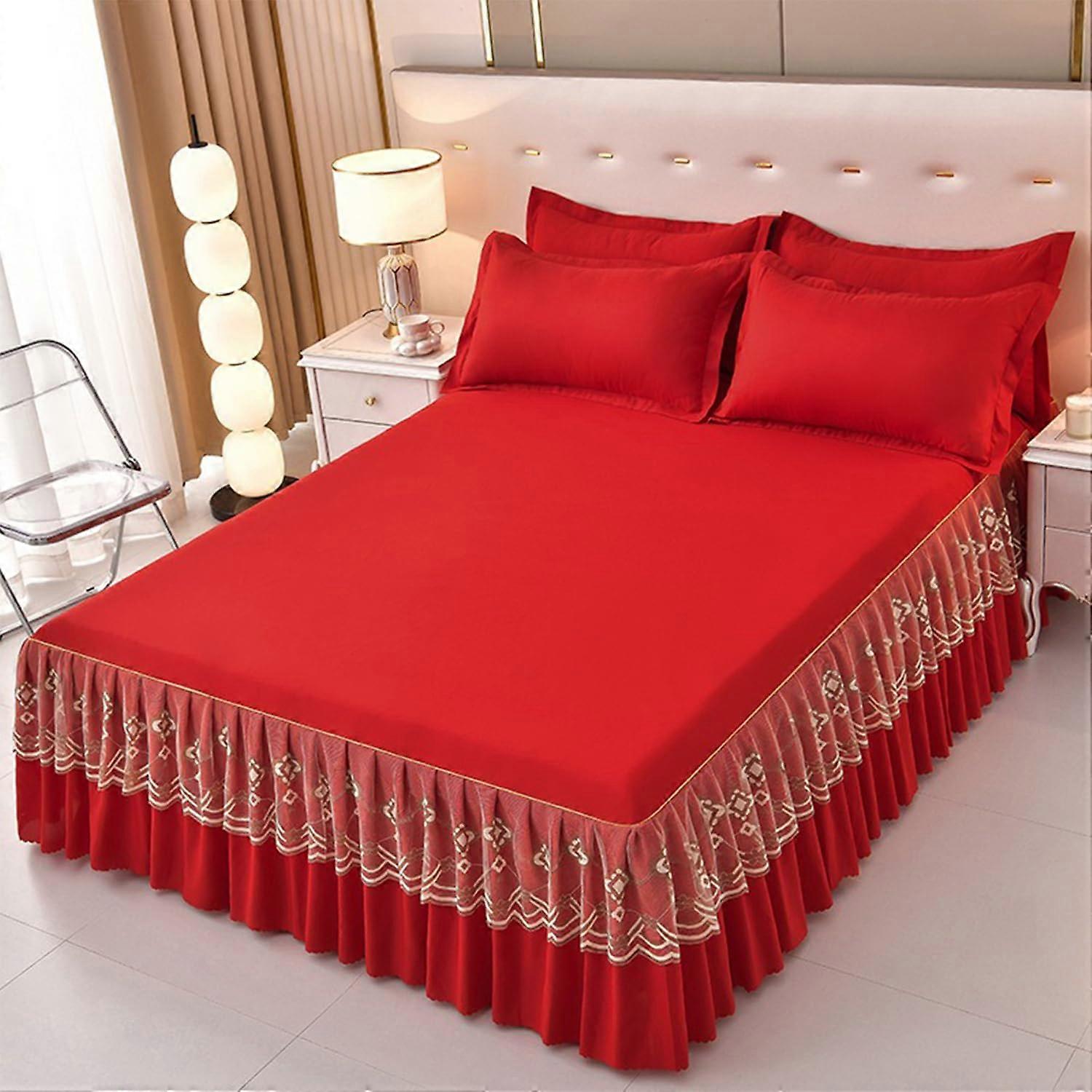Solid Color Lace Bed Skirt King Size Ruffled Bedskirt Soft Bed Skirt Set 3 PCS Red