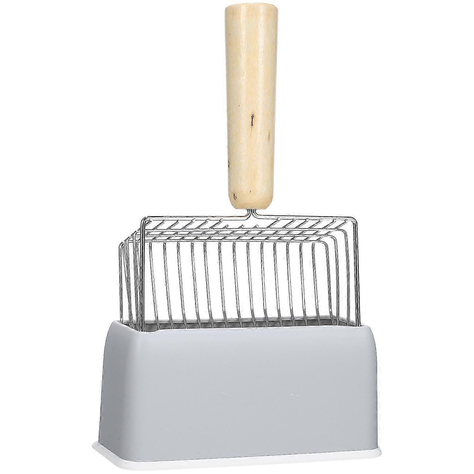 Ahşap Saplı Metal Kedi Kumu Küreği Tutuculu - Büyük Evcil Hayvan Malzemesi (28x17x8cm, Gri)