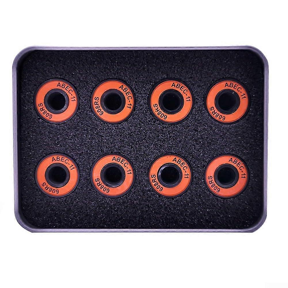 Simple upgrade for your ride, set of eight integrated spacers, skateboard bearings, model 608RS ABEC11 (orange)