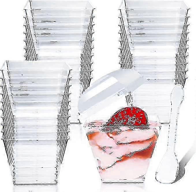 50 Pcs Dessert Cups With Lids And Spoons Square Dessert Cups Set Reusable Plastic Dessert Cups For Dessert With Pudding Mousse Ice Iream (4 Oz/115 Ml)