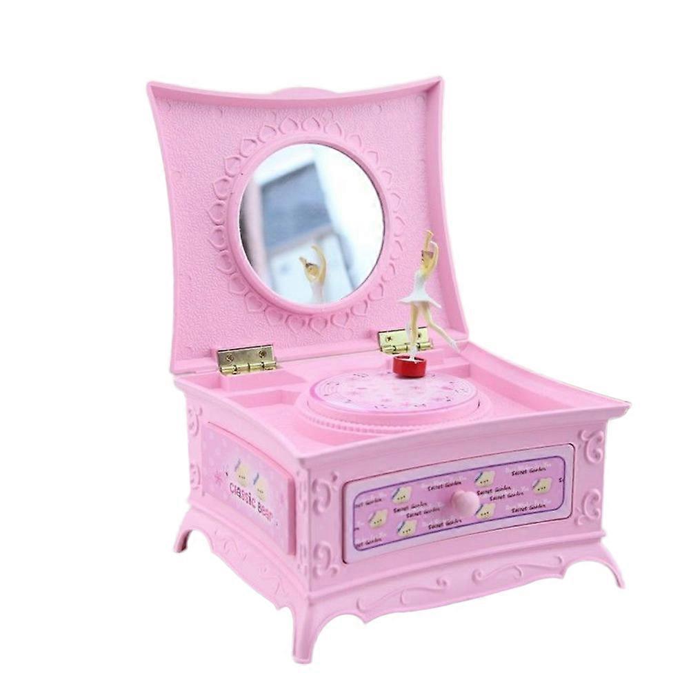 Musical Box for Little Girls Pink Hard Plastic Storage Case with Mirror Function Bedroom Decorative 1Set