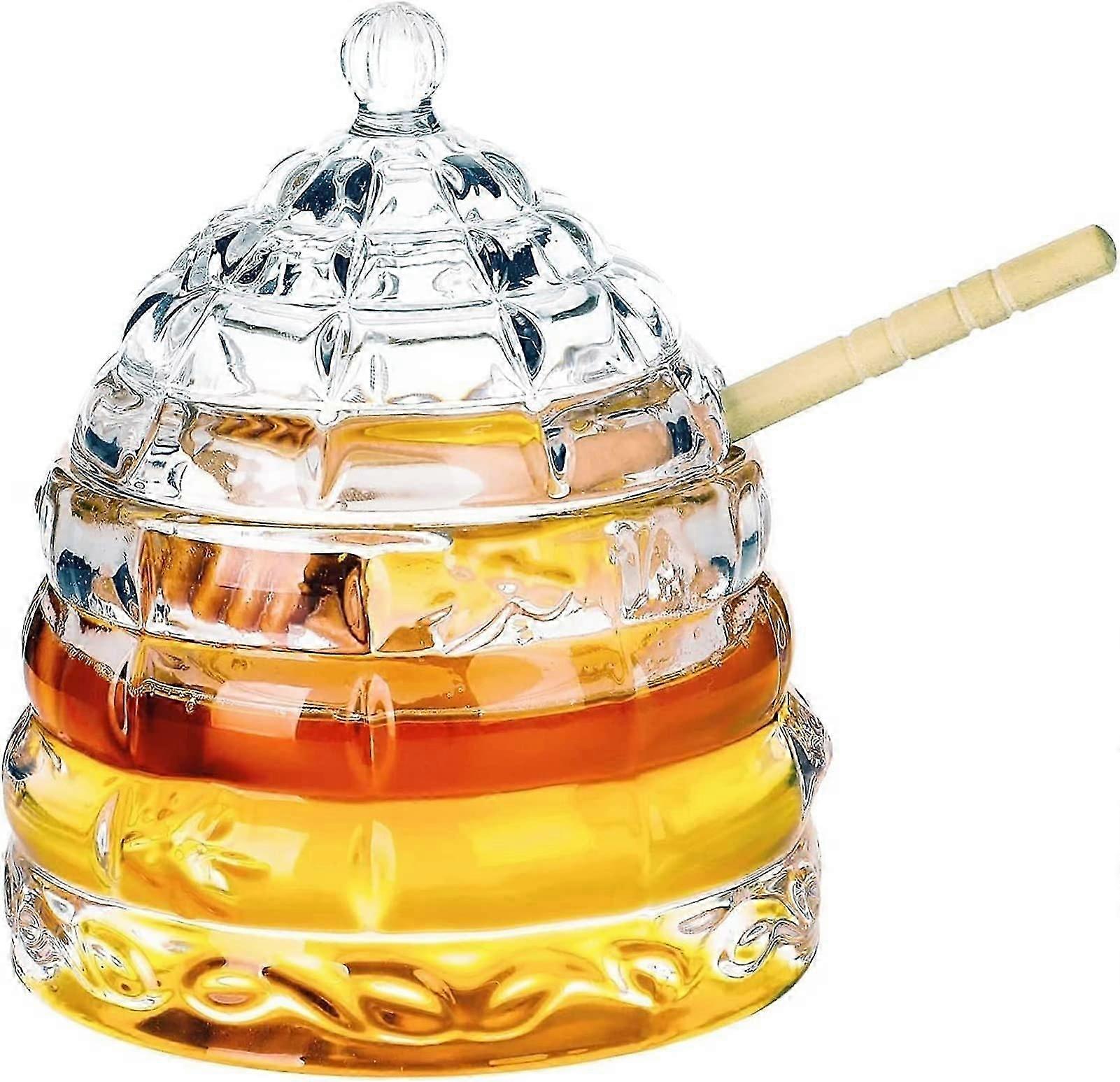 Crystal Clear Glass Honey Jar with Dipper and Lid, 11oz Bee-hive Honey Pot for Counter or Table Decor