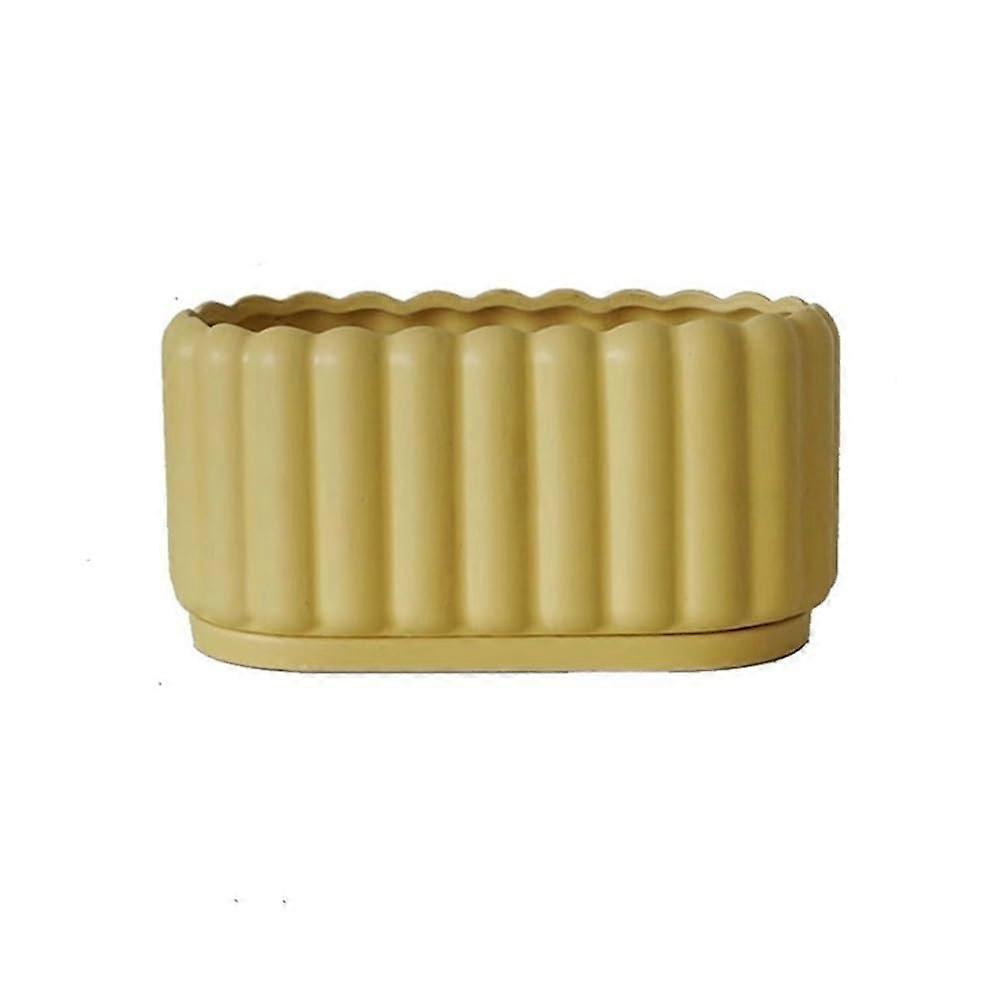 Vertical striped ceramic flower pot with drainage holes and saucers (Yellow)