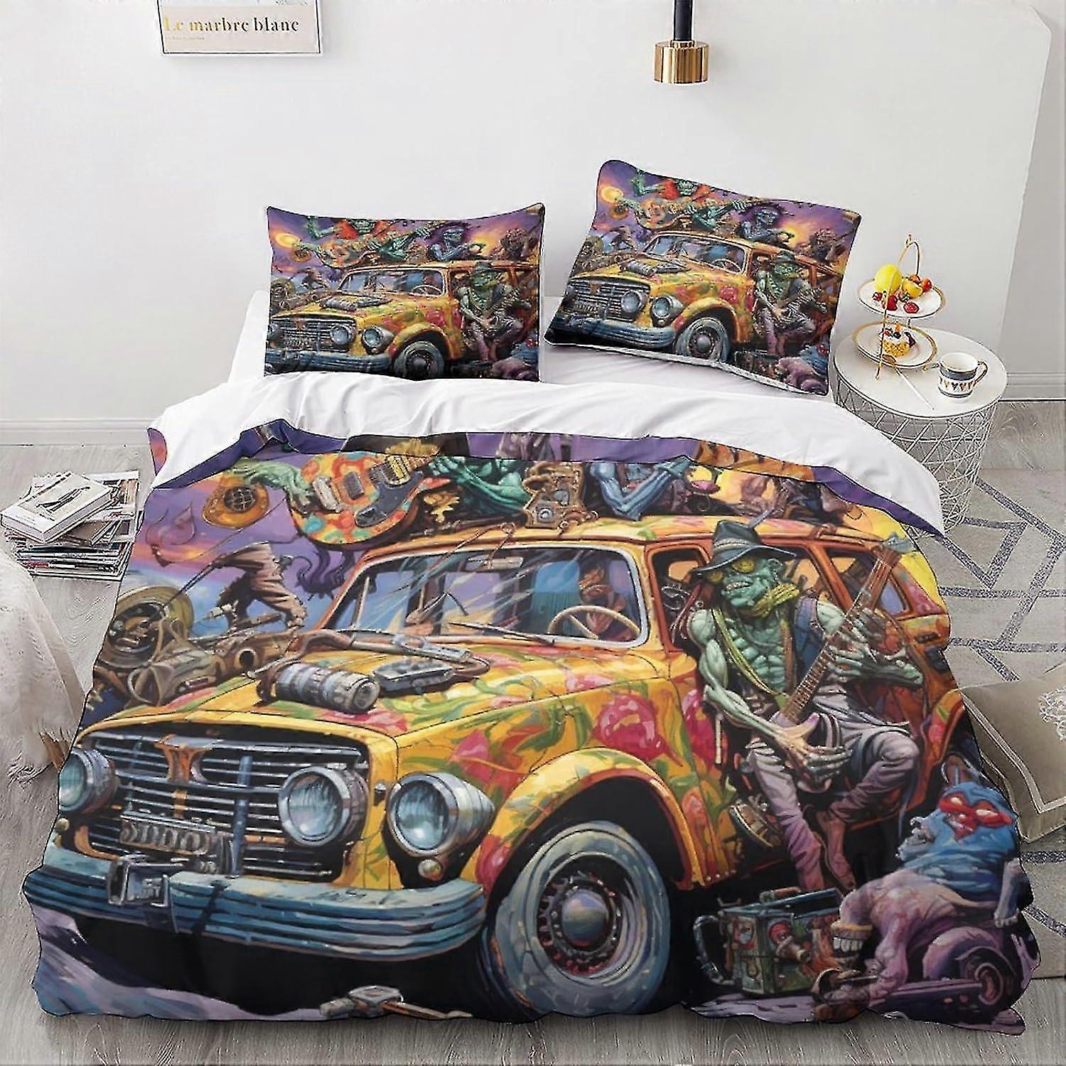 Conjuntos de Cama Monstros Conjunto de Capa de Edredom de Carro Vintage 3 Peças, Microfibra 3D Cartoon Conjunto de Edredom de Quarto Duplo