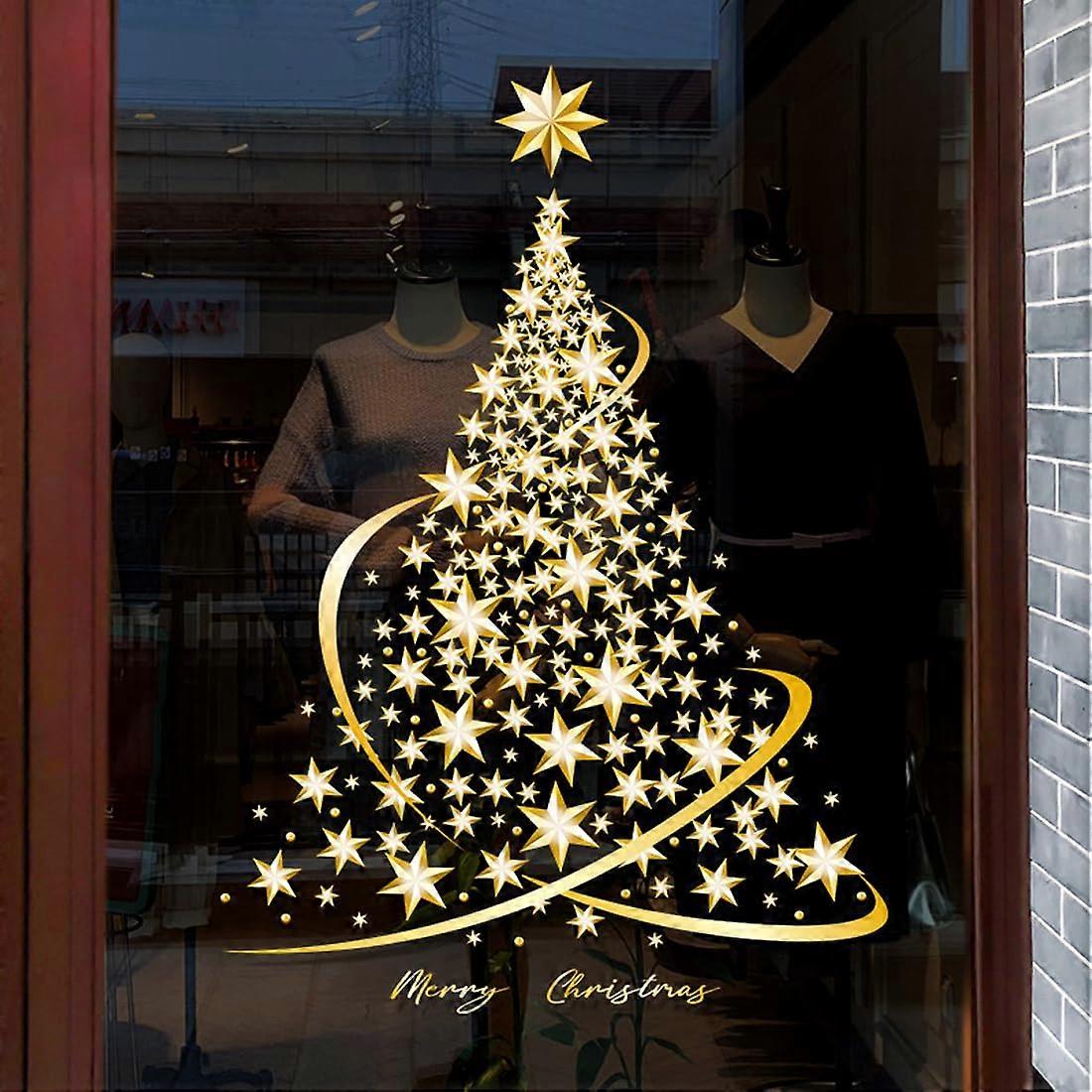 Gold Christmas Tree Window Static Stickers for Glass, DIY Wall Window, Door, Mural, Showcase Decals (1 Piece) Single Pack