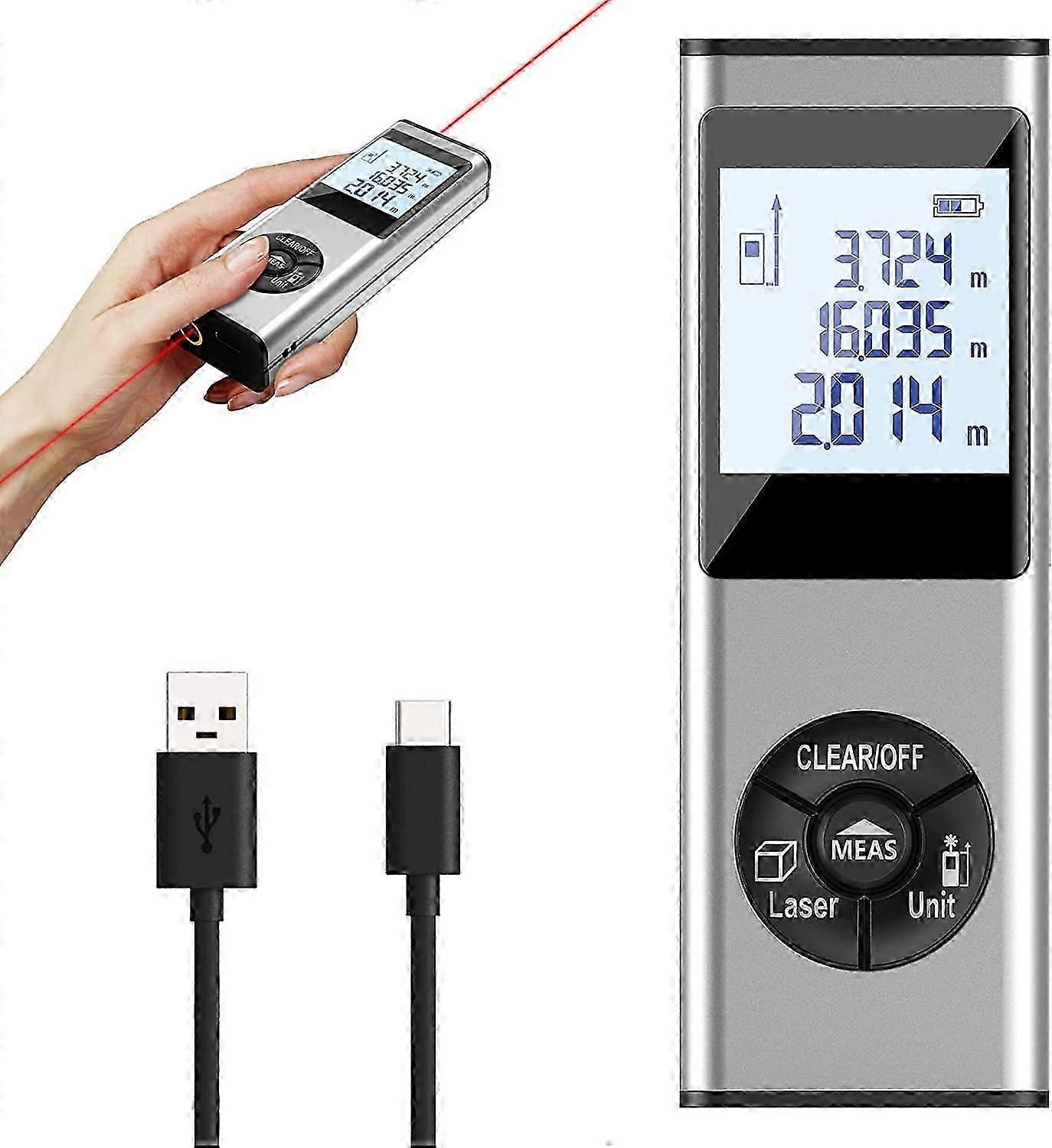 40m rechargeable aluminum laser meter with laser auxiliary lines, M/in/' unit switching with high precision, Pythagoras, distance, area and volume mea