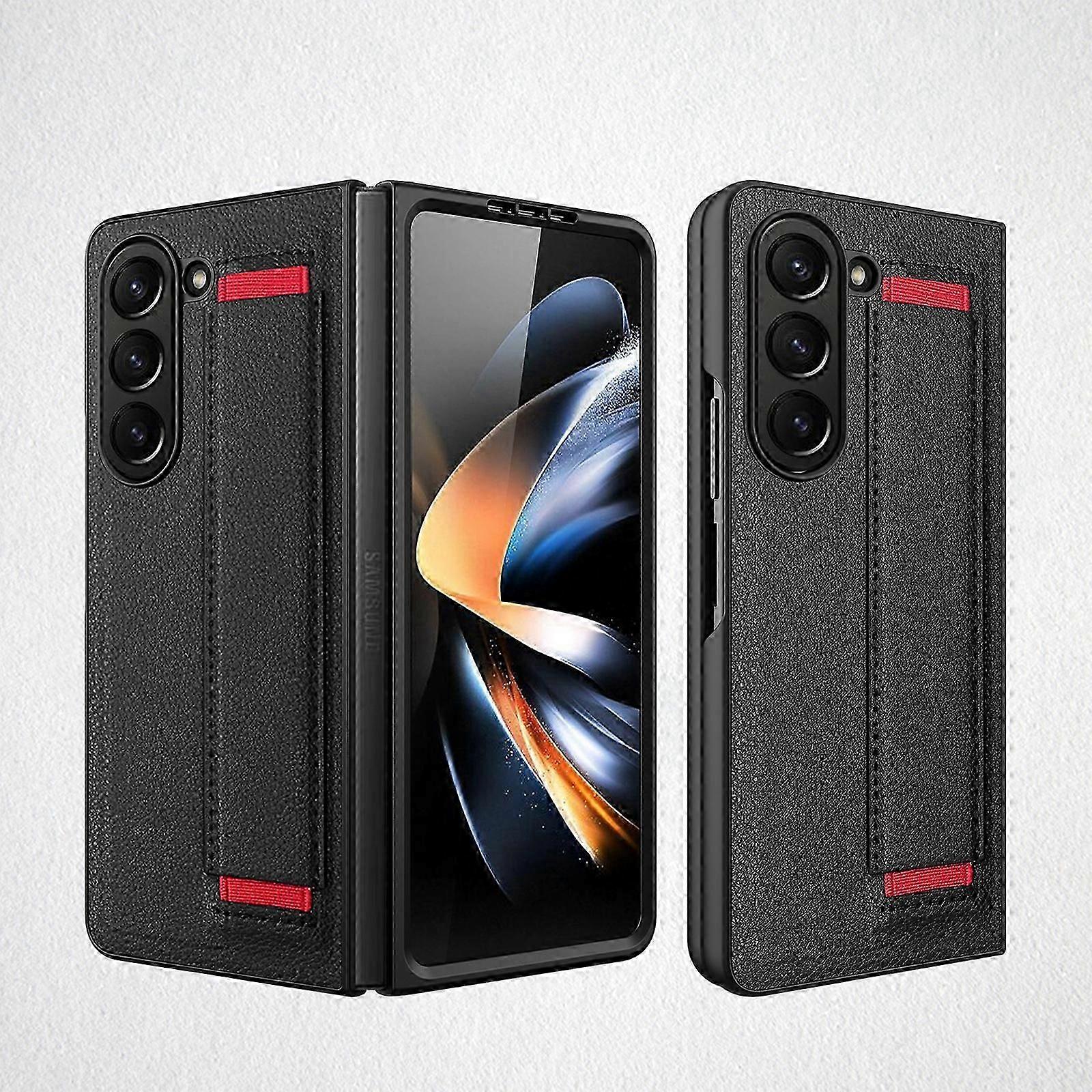 Z Fold 5 Kapak Kılıfı, Parmak Kayışlı Koruyucu Telefon Kılıfı, Samsung Galaxy Z Fold 5 5G için Tam Vücut PU Deri Stand Kılıfı