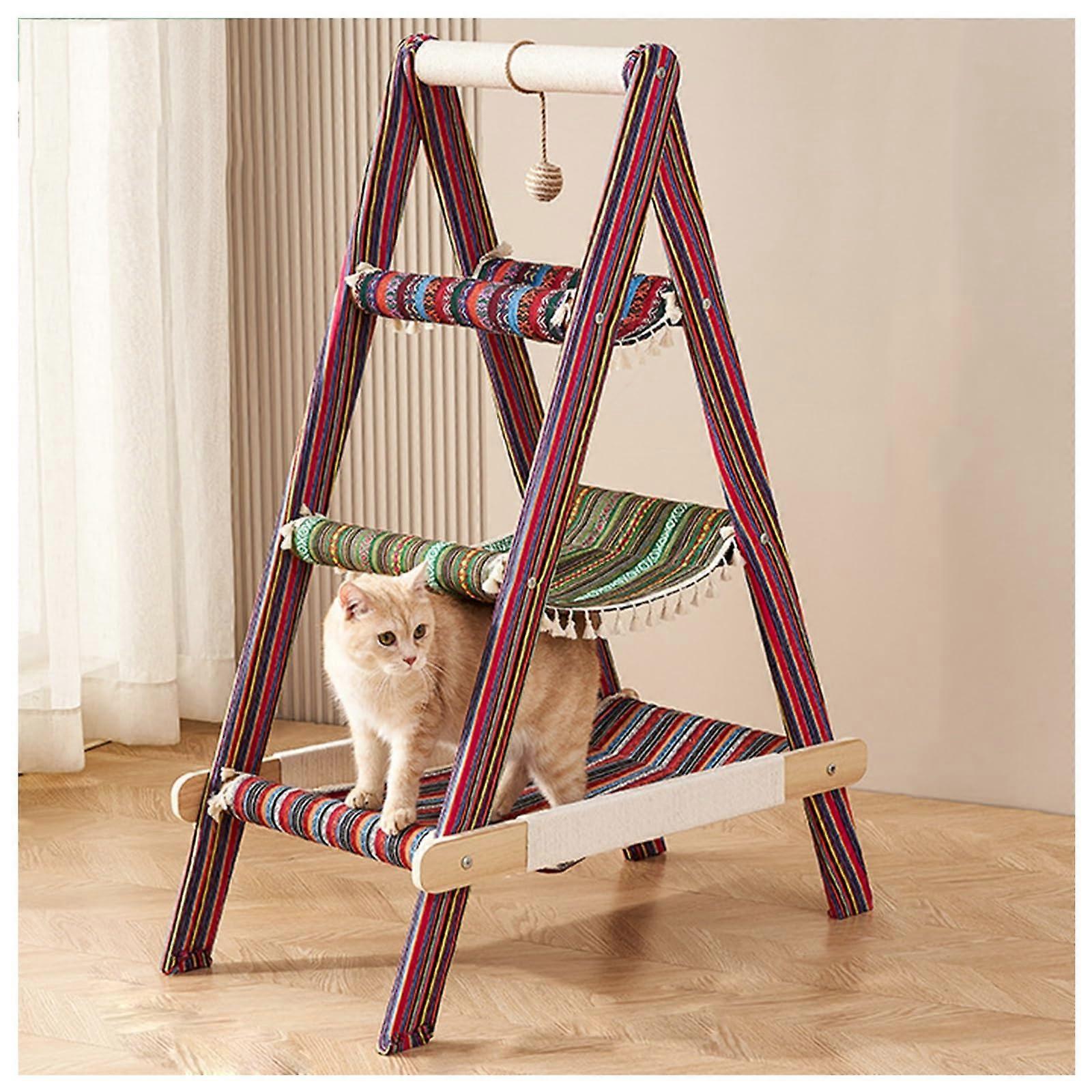 H 44.5 Inch Hammock Scratching Post 3 Layers Wood Thickened Sisal Blanket Cat AFrame Triangle Standing Multifunctional Cat Tree red