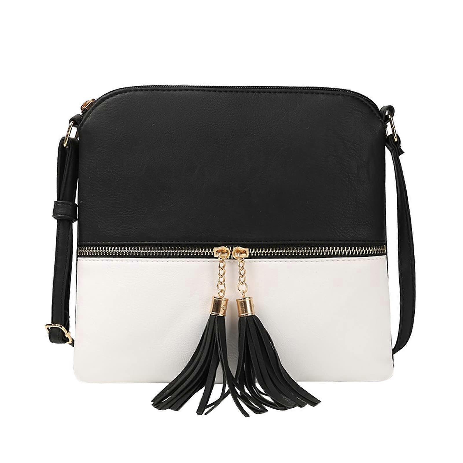 Women's Fashion Plain Leather Large Capacity Adjustable Shoulder Strap Double Zipper Versatile Single Shoulder Tassel Messenger Bag White Unit Size
