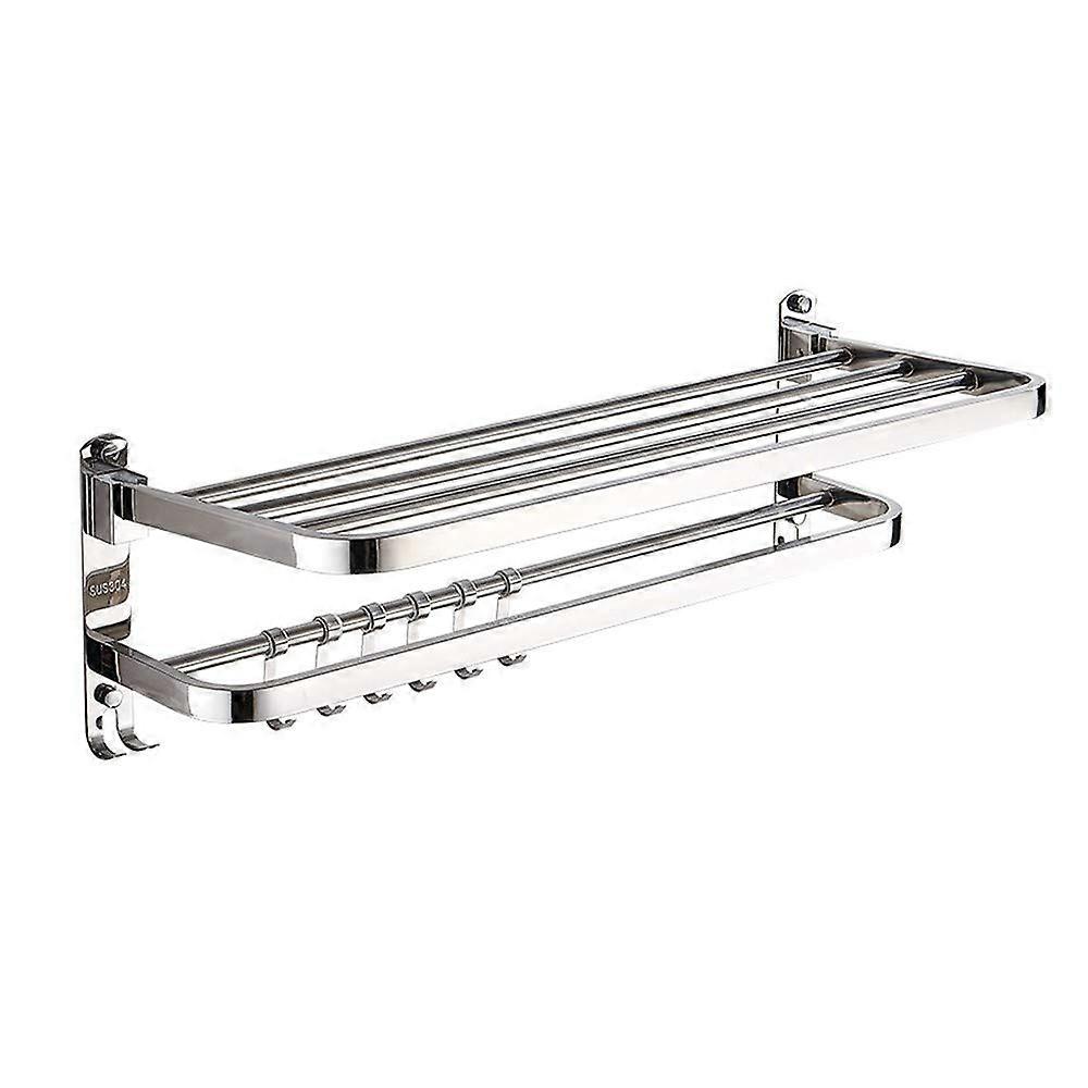 304 Stainless Steel Wall Mounted Bathroom Double Layer Towel Rail Shelf Storage Holder with Hooks
