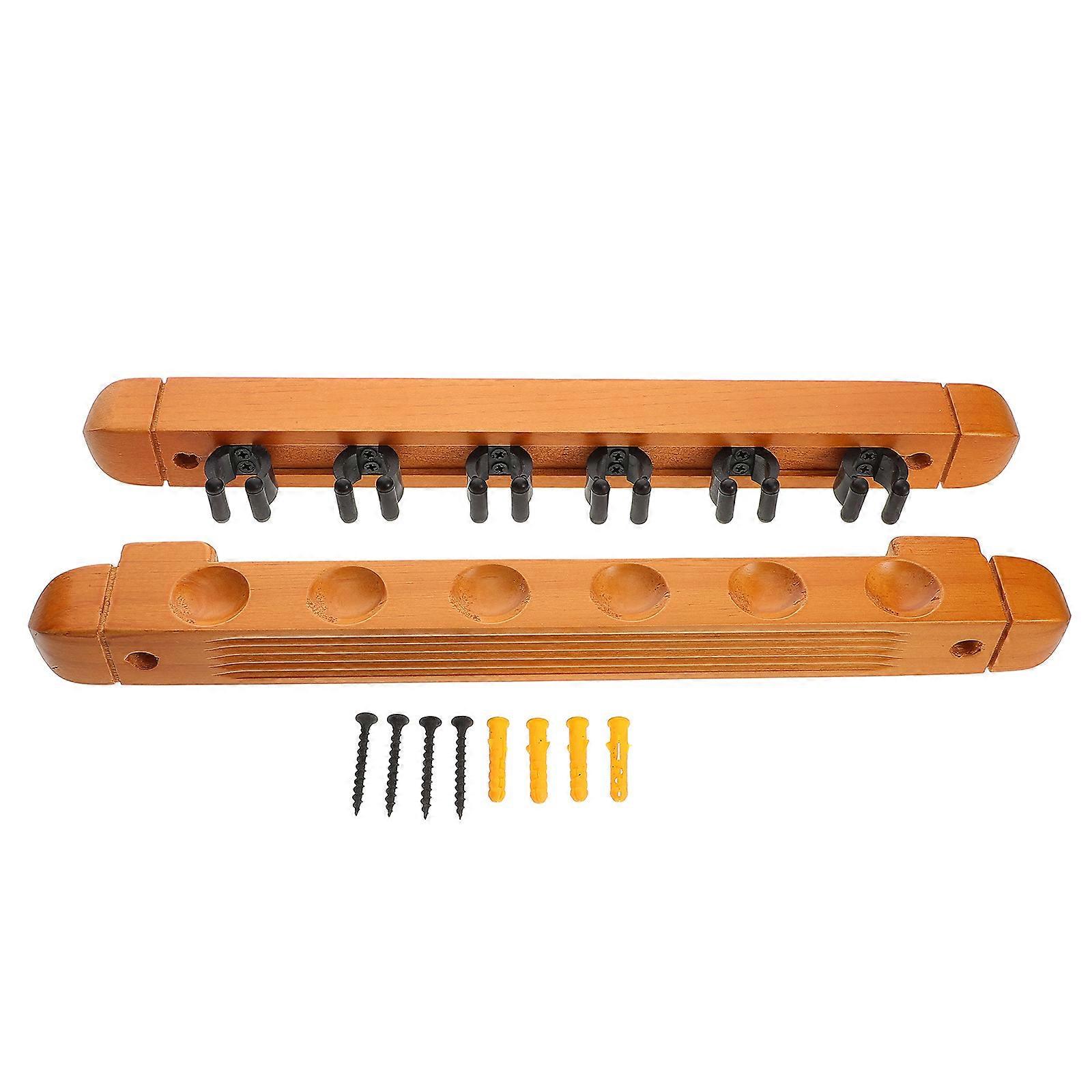 Wall Mount Pool Stick Rack For Game Rooms And Pool Hall Light Yellow Wood Storage Holder With Six-Hole Capacity 2Set