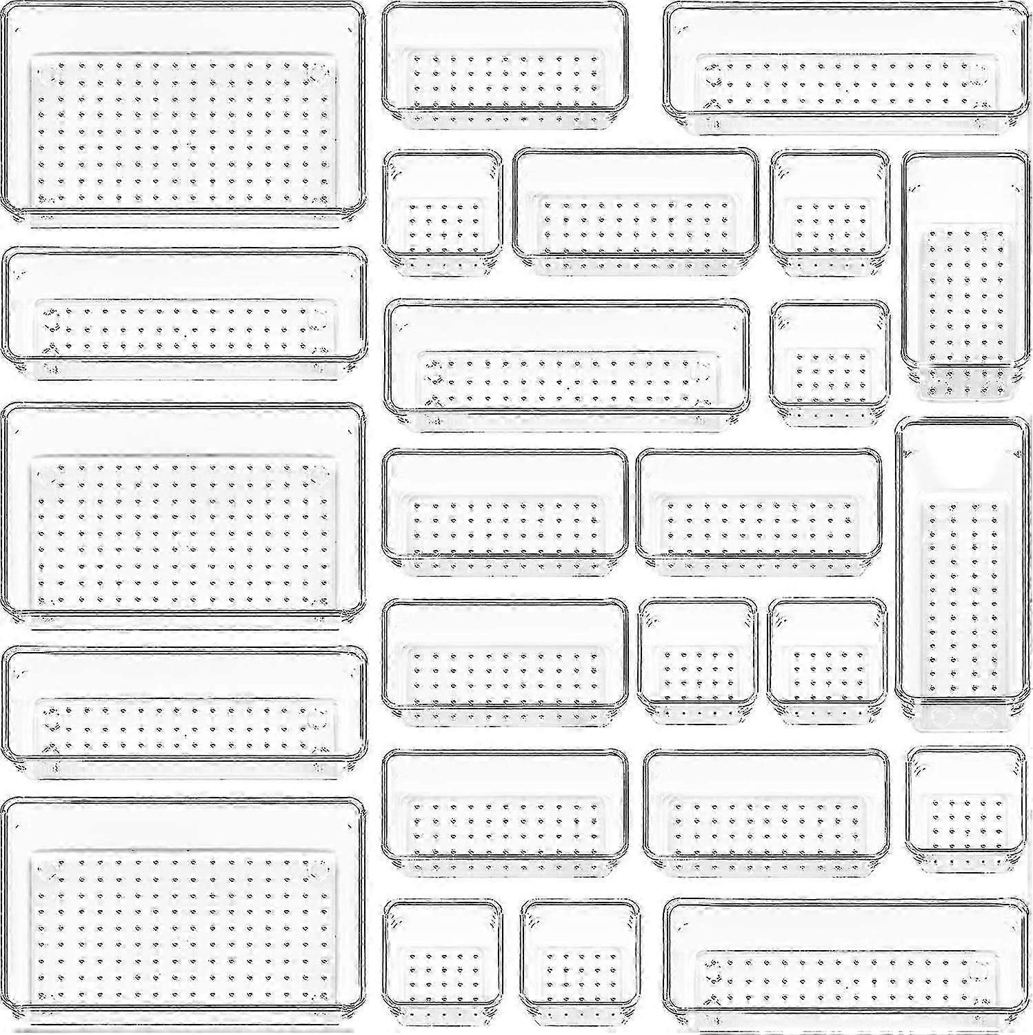סט מארגני מגירות פלסטיק שקופים 25 יחידות, מגשי מארגן מגירות כביסה רב-תכליתיים בגודל 4 מידות ומגשי מגירות איפור