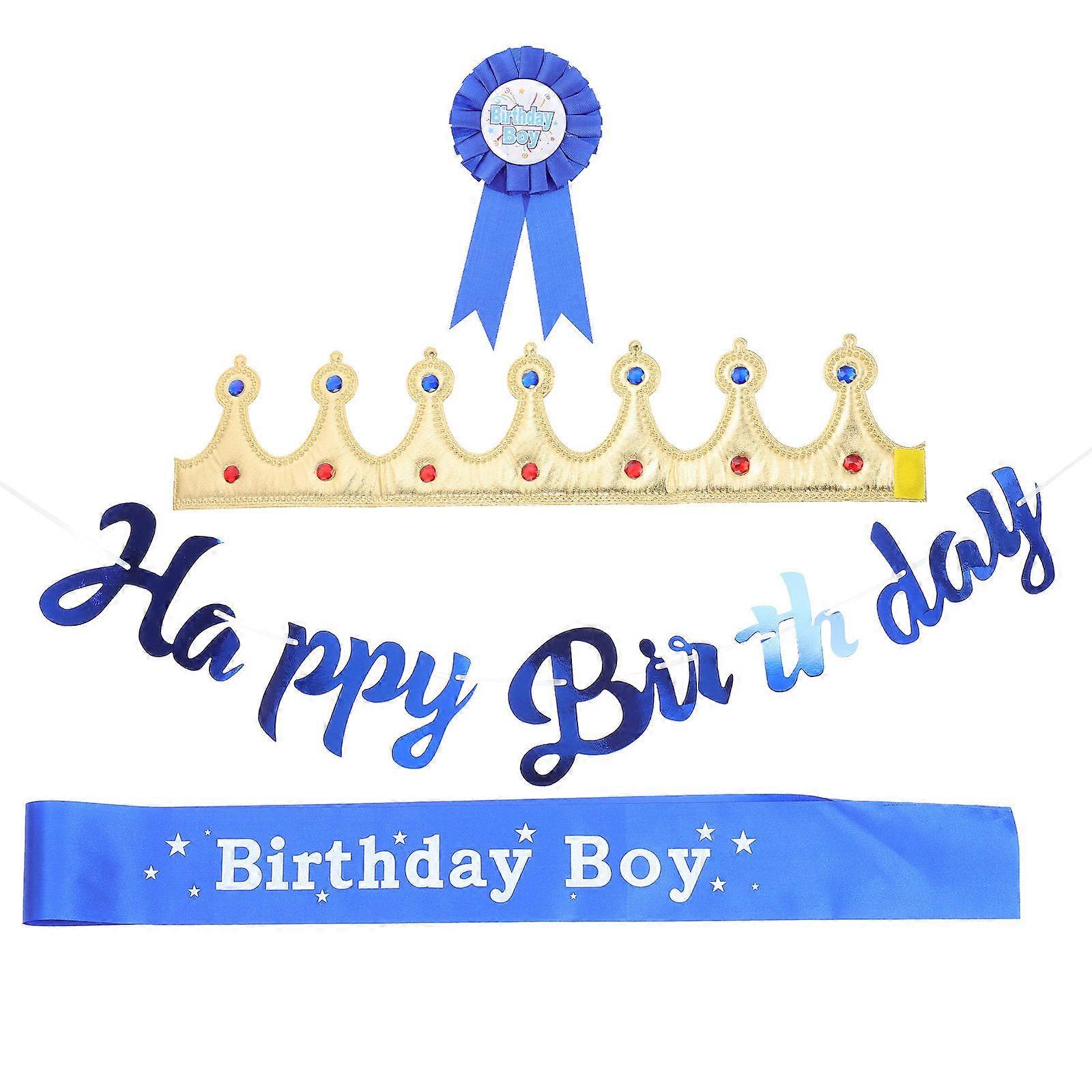 Blue Birthday Banner Set Featuring Ceremonial Hat and Brooch Ideal for Boys Birthday Celebrations and Creating Memorable Photo Props