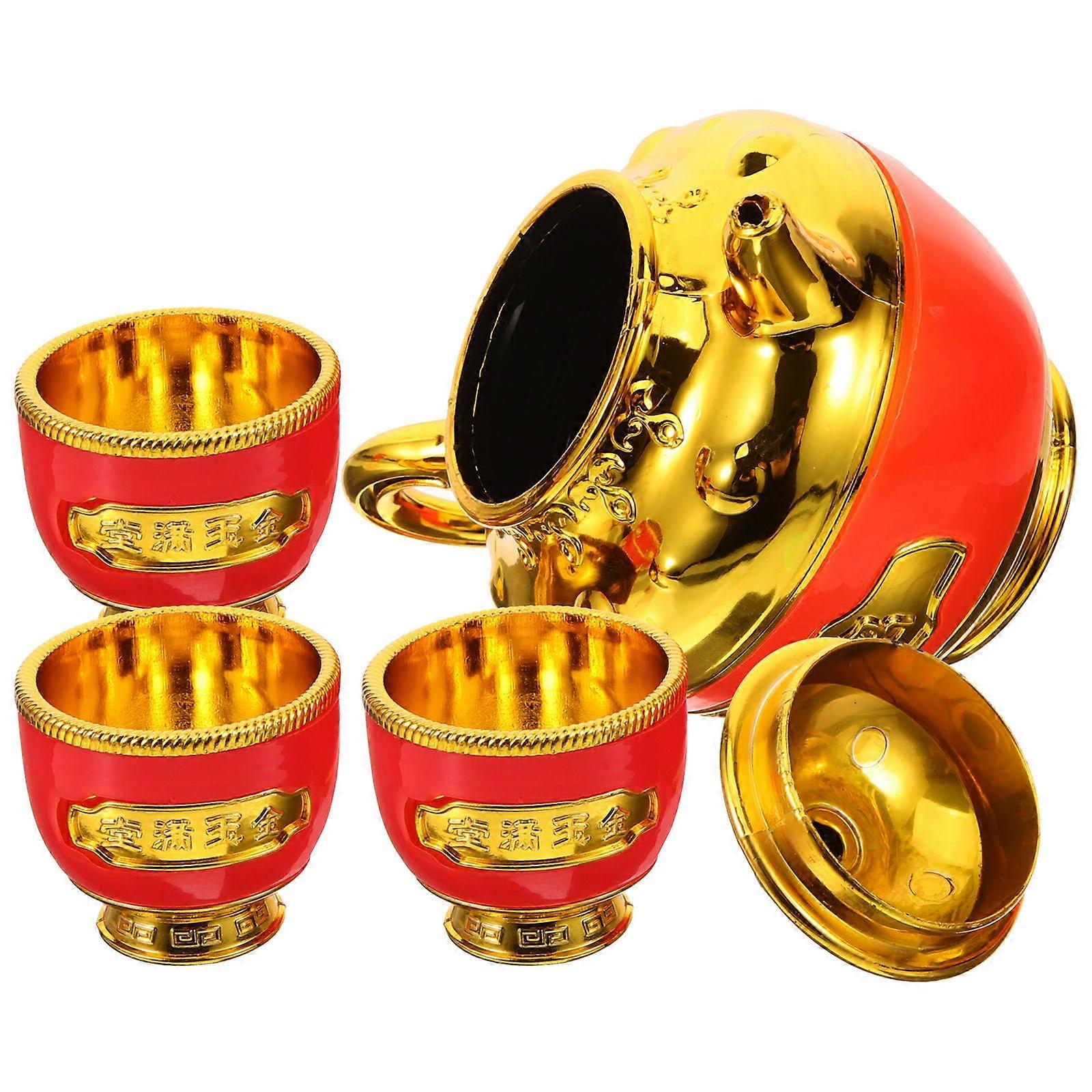 1 Set Elegant Plated Teapot and Offering Cups for Buddhist Worship – Smooth Finish Desktop Ornament for Ceremonies and Special Occasions