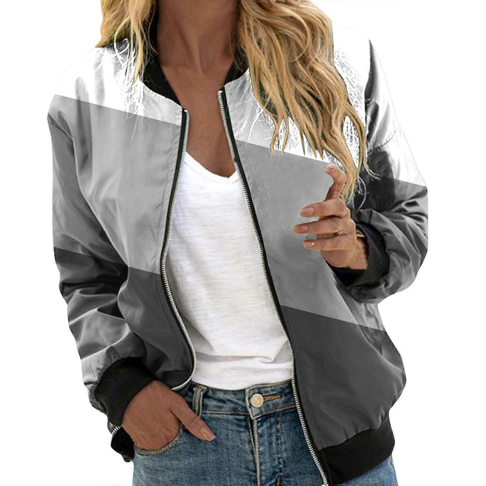 Women's Bomber Jacket Thin Color Block College Style Zip-Up Winter Blouson in Gray Size S