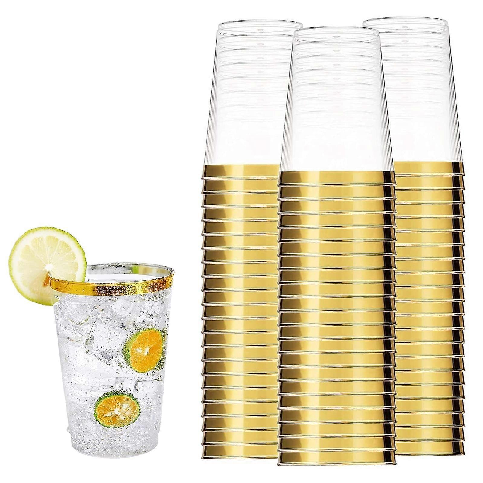GoldEdge Cup 50Pcs Transparent 10oz Hard Plastic Cups, Golden Rim Cups, Reusable Cocktail Champagne Wedding Birthdays