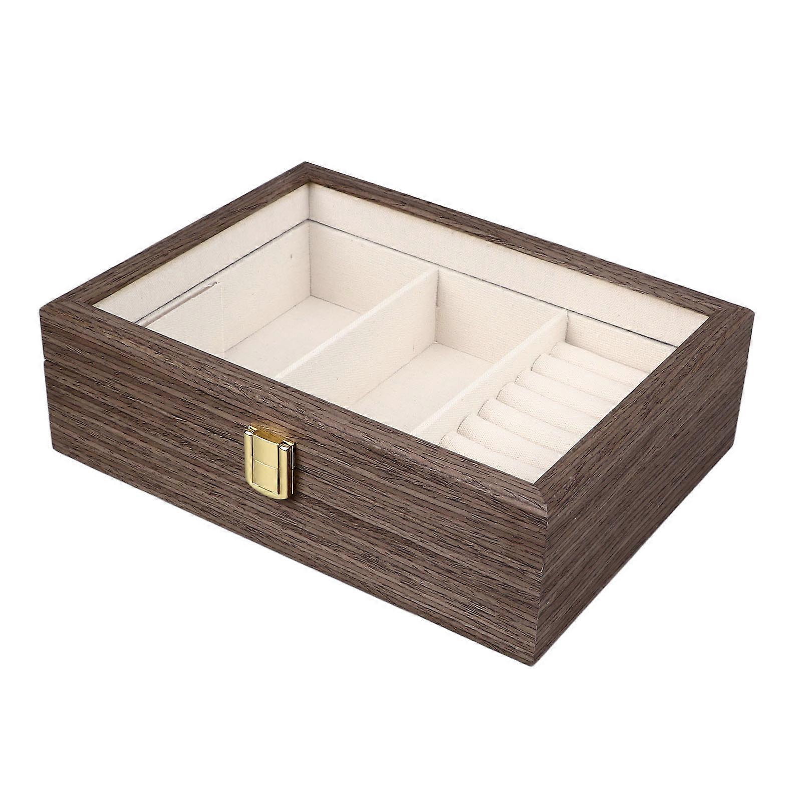 Wooden Jewelry Box with Transparent Lid, Flaxen, Multiple Compartments