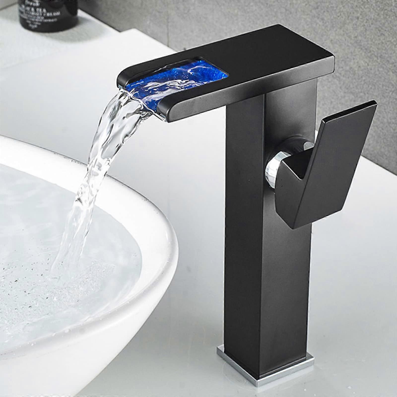 Led Waterfall Bathroom Sink, Brass Hot Cold Basin Mixer, 3Color Changing LED, Single Handle Single Hole Faucet, Black