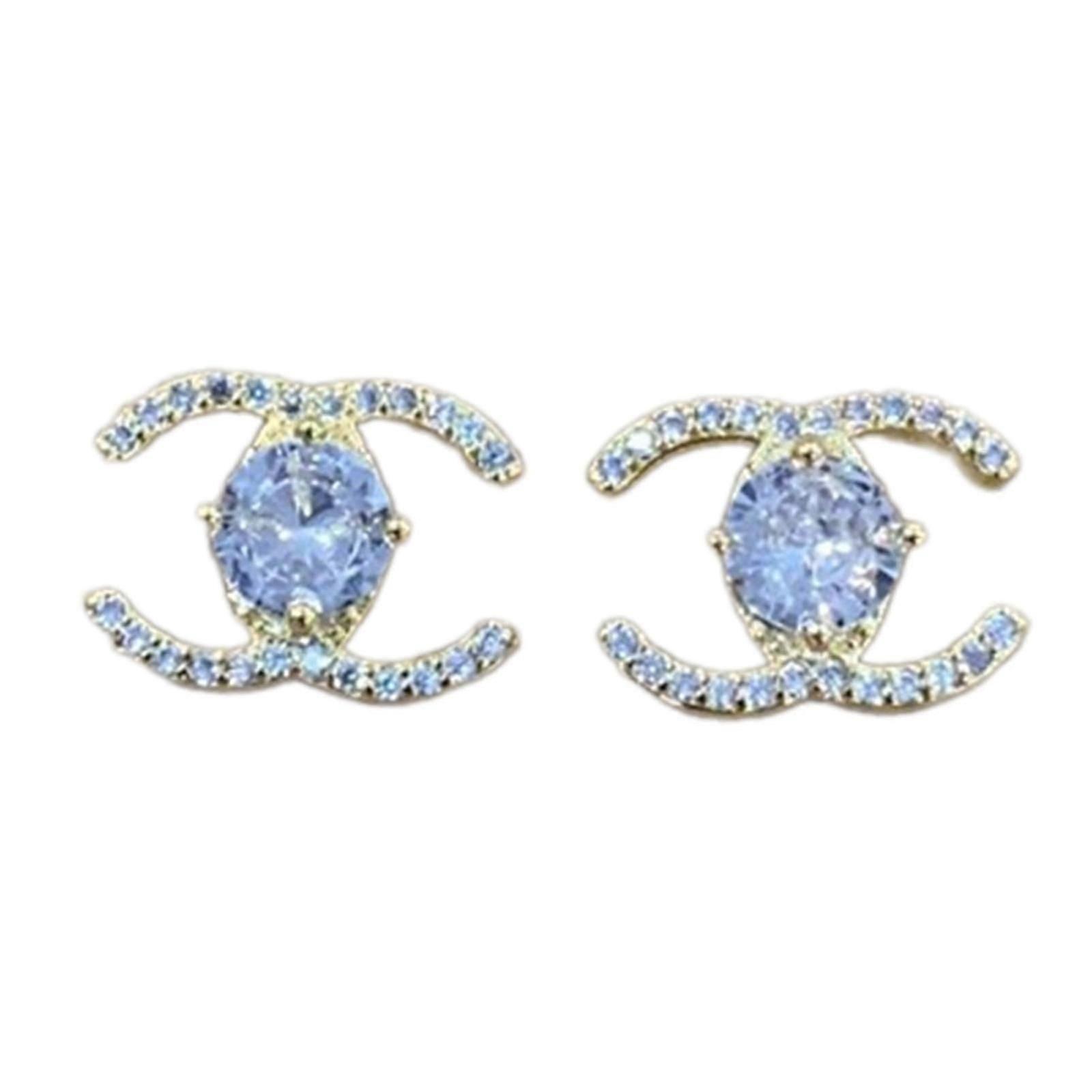 スタッドイヤリングダブルCクリスタル絶妙なイヤリング女性用ウェディングジュエリーレディース女性ガールガールフレンドシルバー