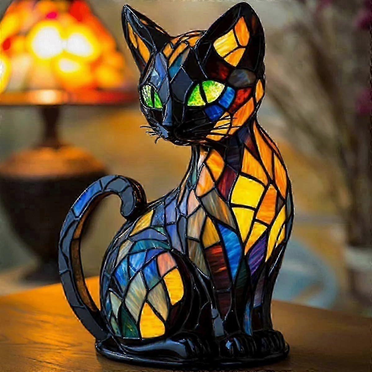 Lampe chat authentique en vitrail, veilleuse de table rétro en résine, lampe de table LED 3D représentant un animal mignon