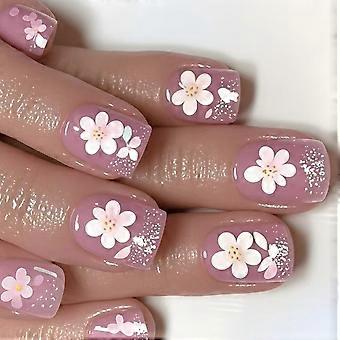 Square Press on Nail Flower Fake Nail Stick on Nail in 12 Sizes,24 Pcs French Nail Tips for DIY Nail Art Decorations Multicolor