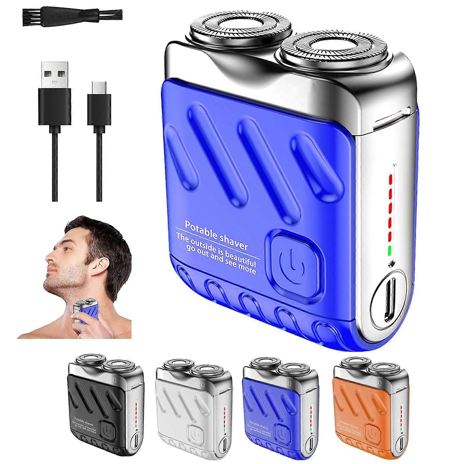 Electric Shaver Rotary Dual Ring Rechargeable Razor for Men, Portable Steel Design, Blue