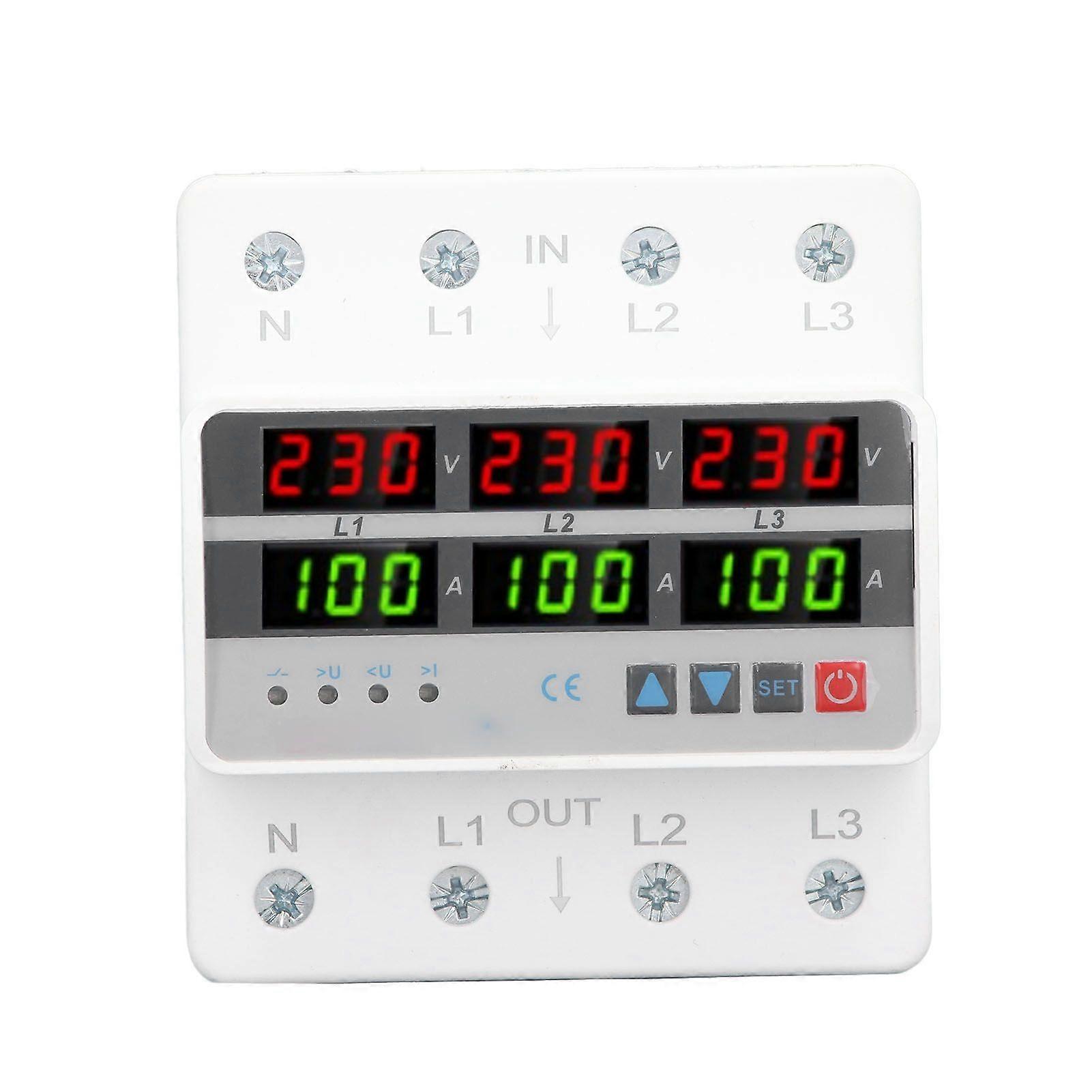 3 Phase DIN Rail Protective Device Over Under Voltage Current Limiting Self Resetting Protector AC220V 380V 100A