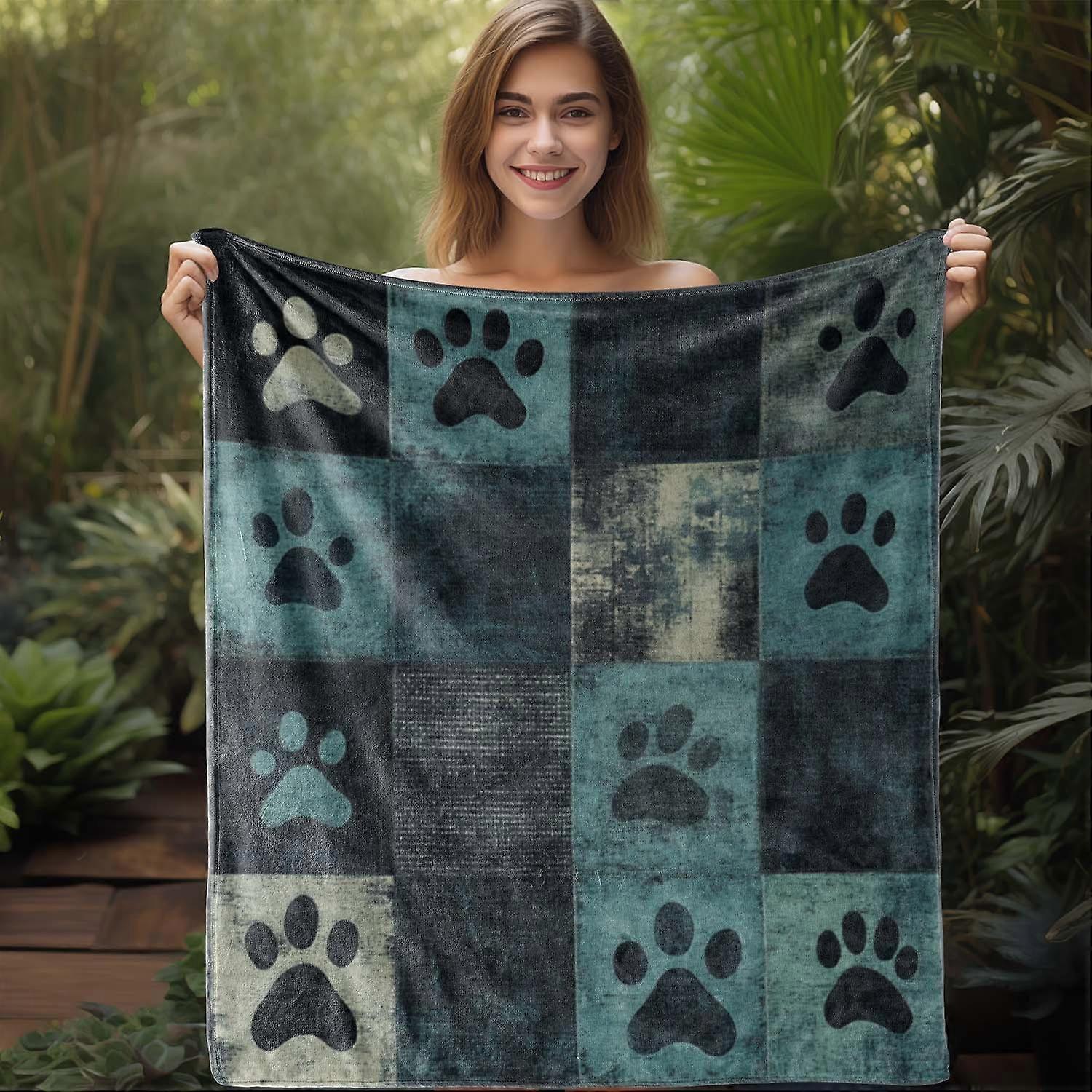 Vintage Dog Paw Flannel Blanket Crafted With Retro Patchwork Pattern Great For Pet - Friendly Home Lounging Creating Warm