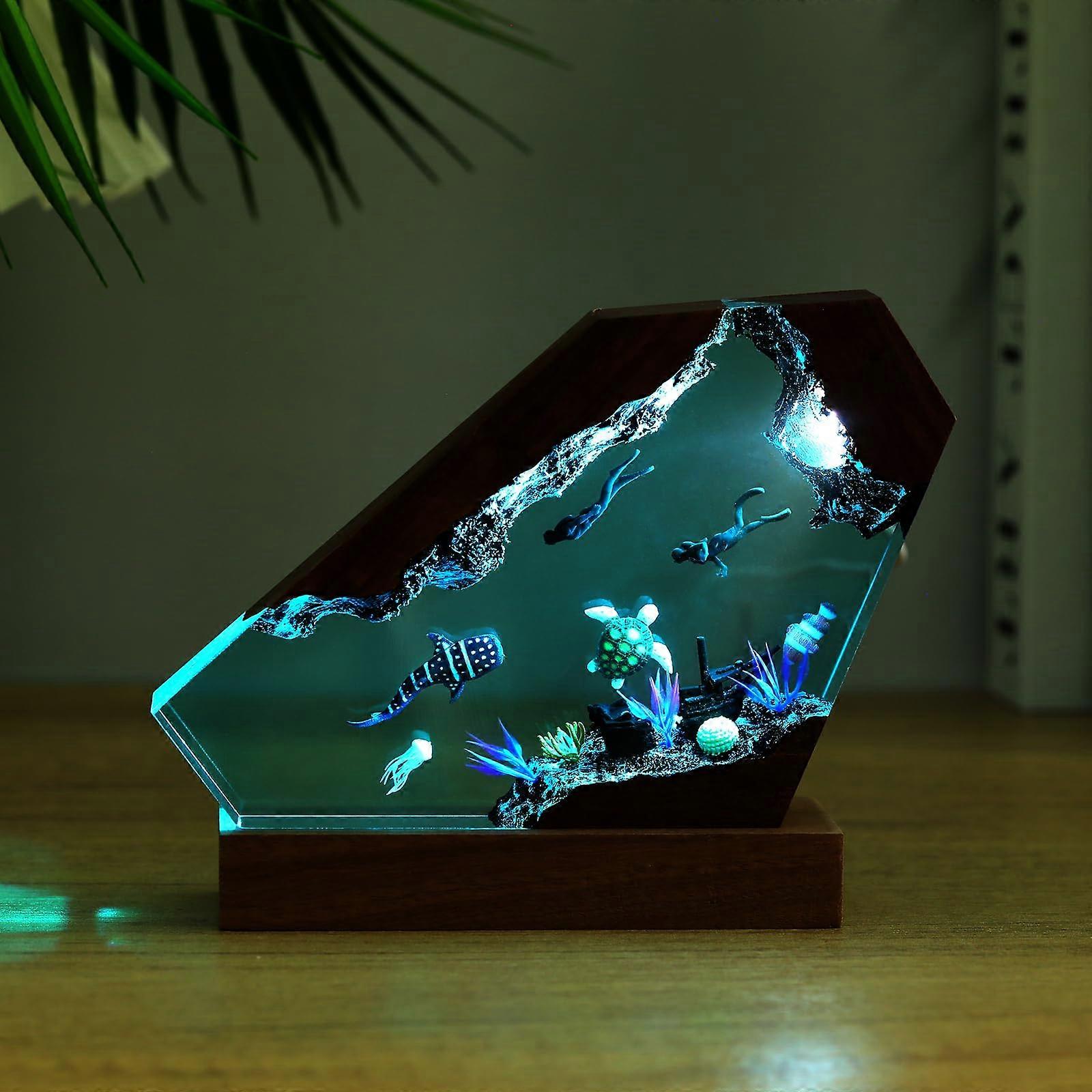 Epoxy Resin Wood Lamp Handmade Ocean Theme USB Powered LED Desk Light with Warm Ambient Glow