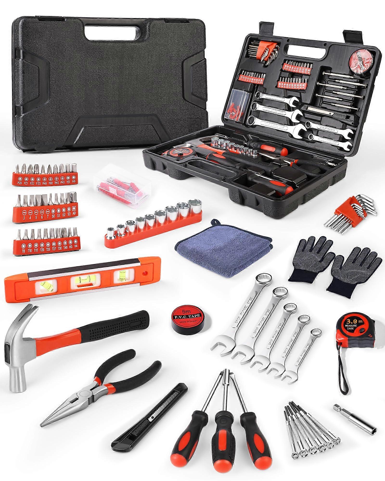 150 Piece Tool Set for Home and Auto Repairs, AllinOne Hand Tools with Organized Storage  Red