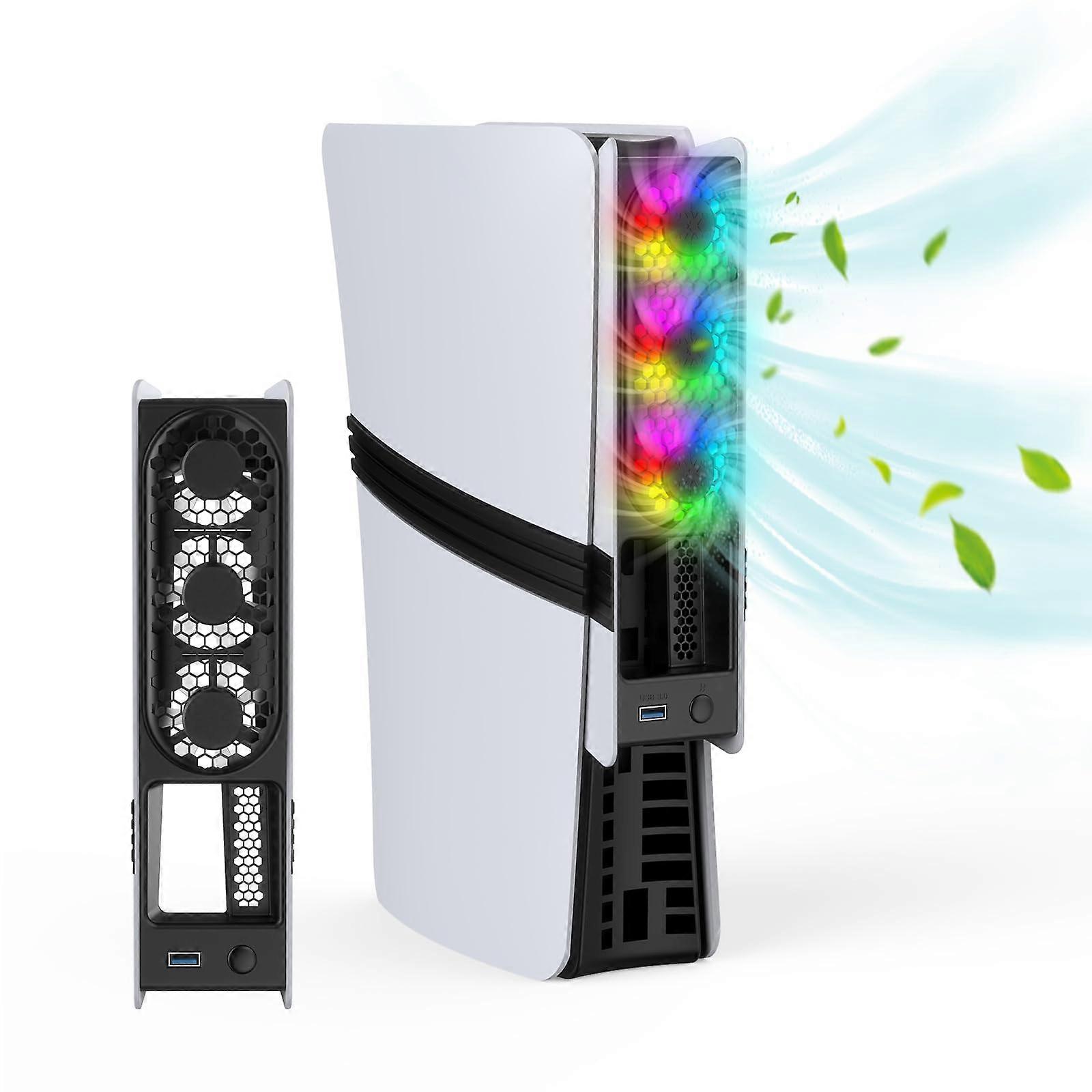 Cooling Fan for PS5 with Efficient TripleFan Cooling, Quiet RGB External Cooler for PS5 Pro/Slim Black