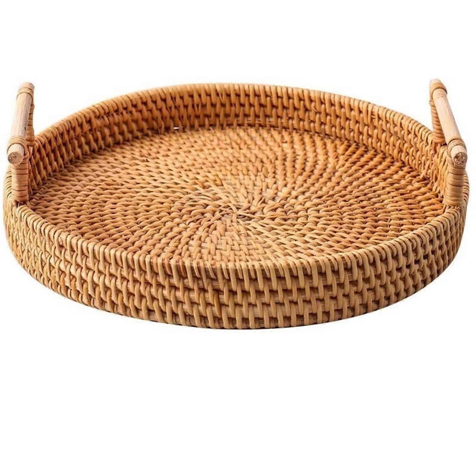 Small Wicker Serving Tray with Handles Handmade Rattan Breakfast Bread Basket for Snacks Fruits