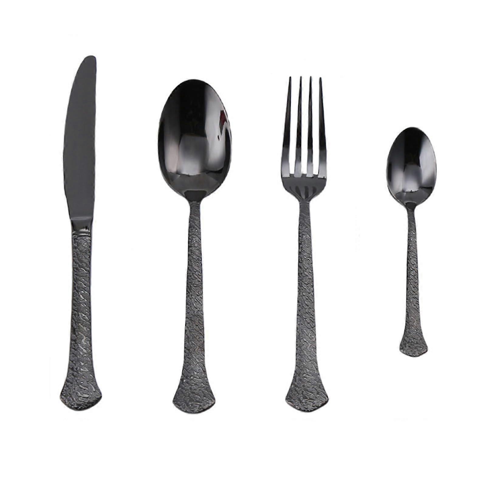 Black Stainless Steel Silverware Set for 12, Hammered RustResistant Flatware with Knives Forks Spoons