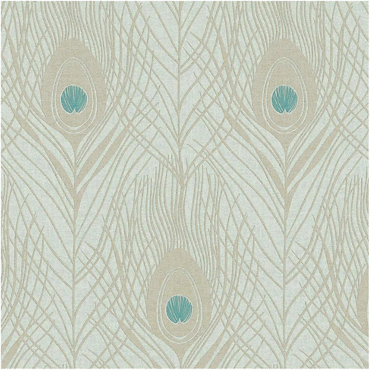 Mint/Cream Peacock Feather Wallpaper